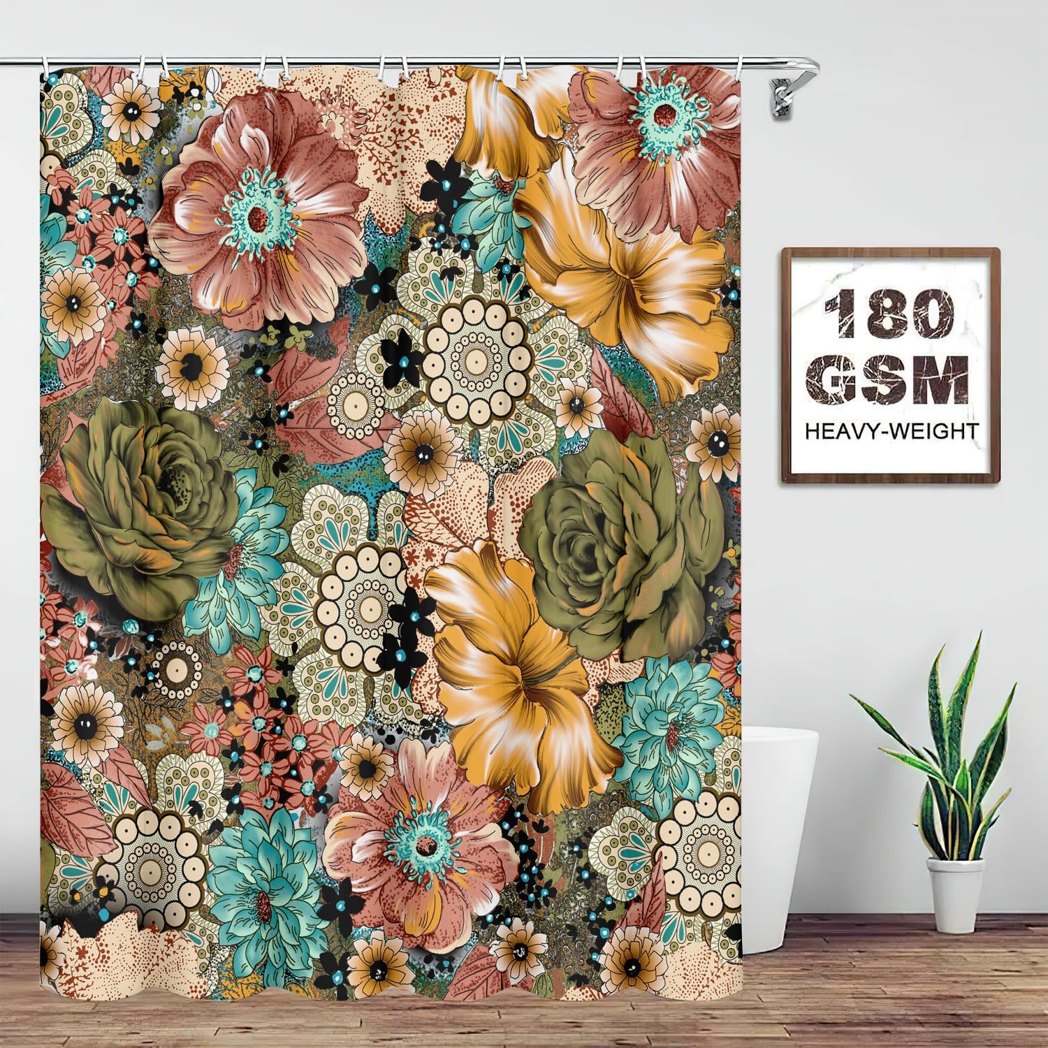Cortina de ducha con diseño floral bohemio, elegante y bohemio, cortina de ducha de tela impermeable con 12 ganchos, 72 x 72 pulgadas