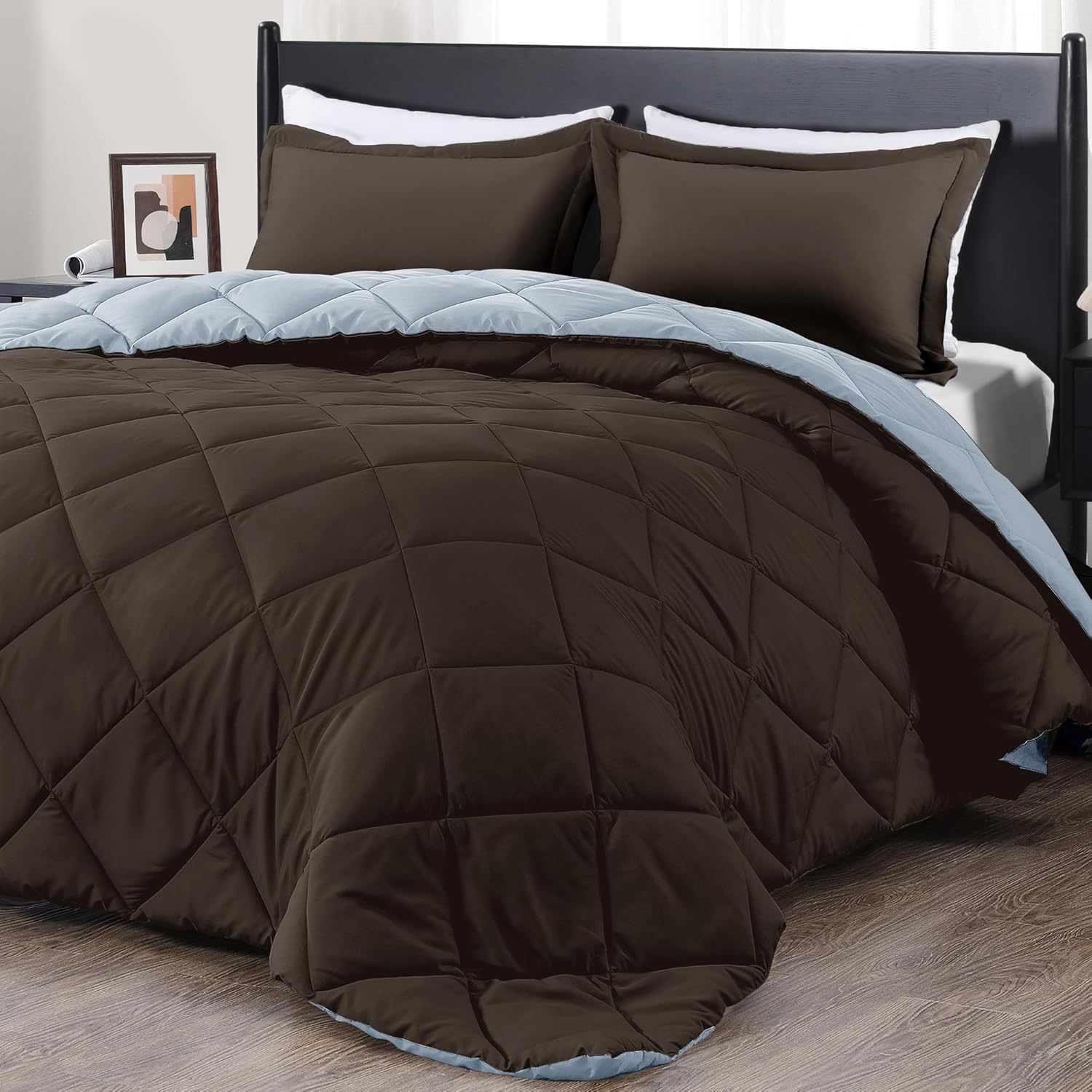 downluxe Juego de edredón tamaño individual, edredón individual marrón y azul, juegos de ropa de cama suave para todas las estaciones, 2 piezas, 1