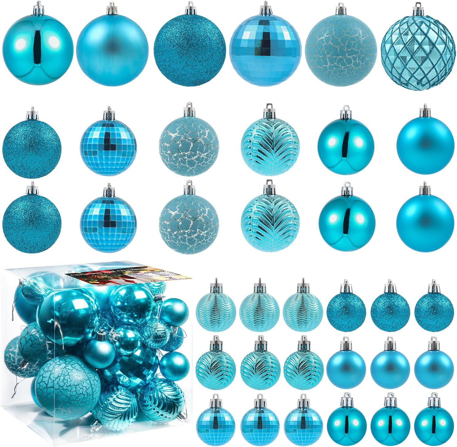 LANGXUN 36 bolas de decoración de árbol de Navidad color azul ácido 2023, 6 bolas de Navidad de 3.2 pulgadas, 12 piezas de 2.4 pulgadas, 18 piezas