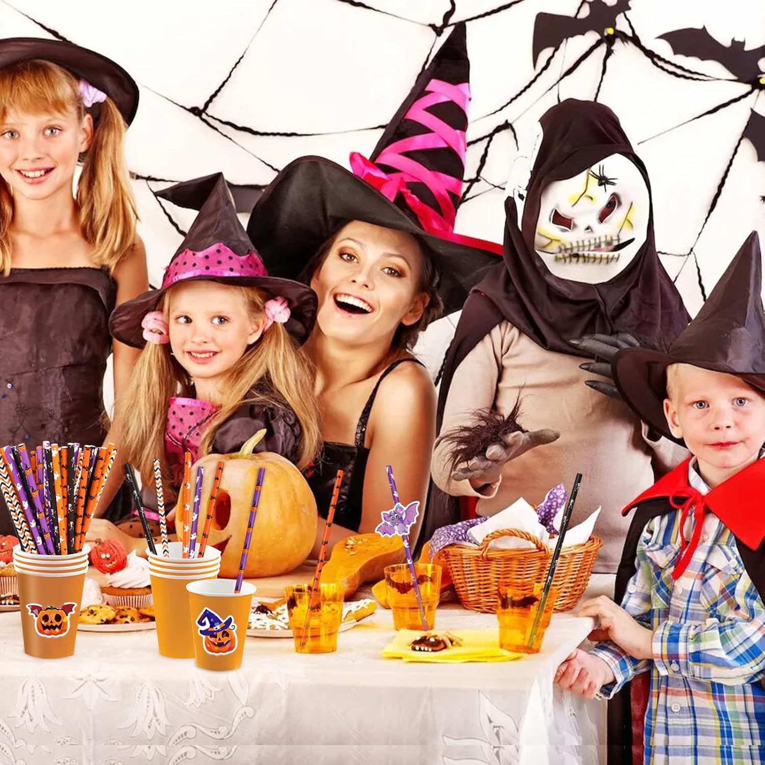 150 popotes de papel de Halloween, 6 estilos mixtos, pajitas desechables para fiestas de Halloween, suministros de decoración de fiesta de Halloween