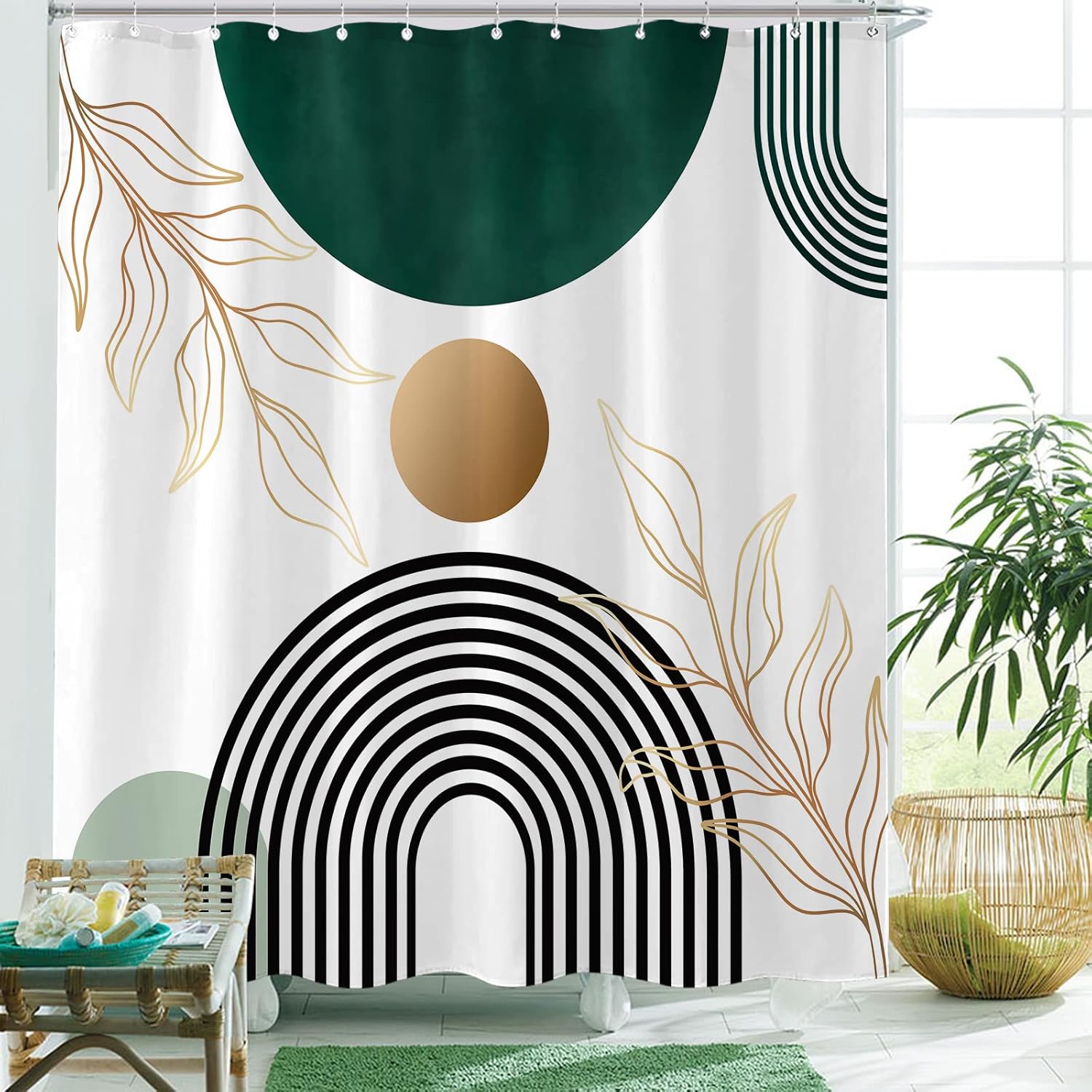 Aipon Cortina de ducha verde de mediados de siglo para baño, cortina de ducha abstracta bohemia de tela moderna impermeable para baño con 12 ganchos
