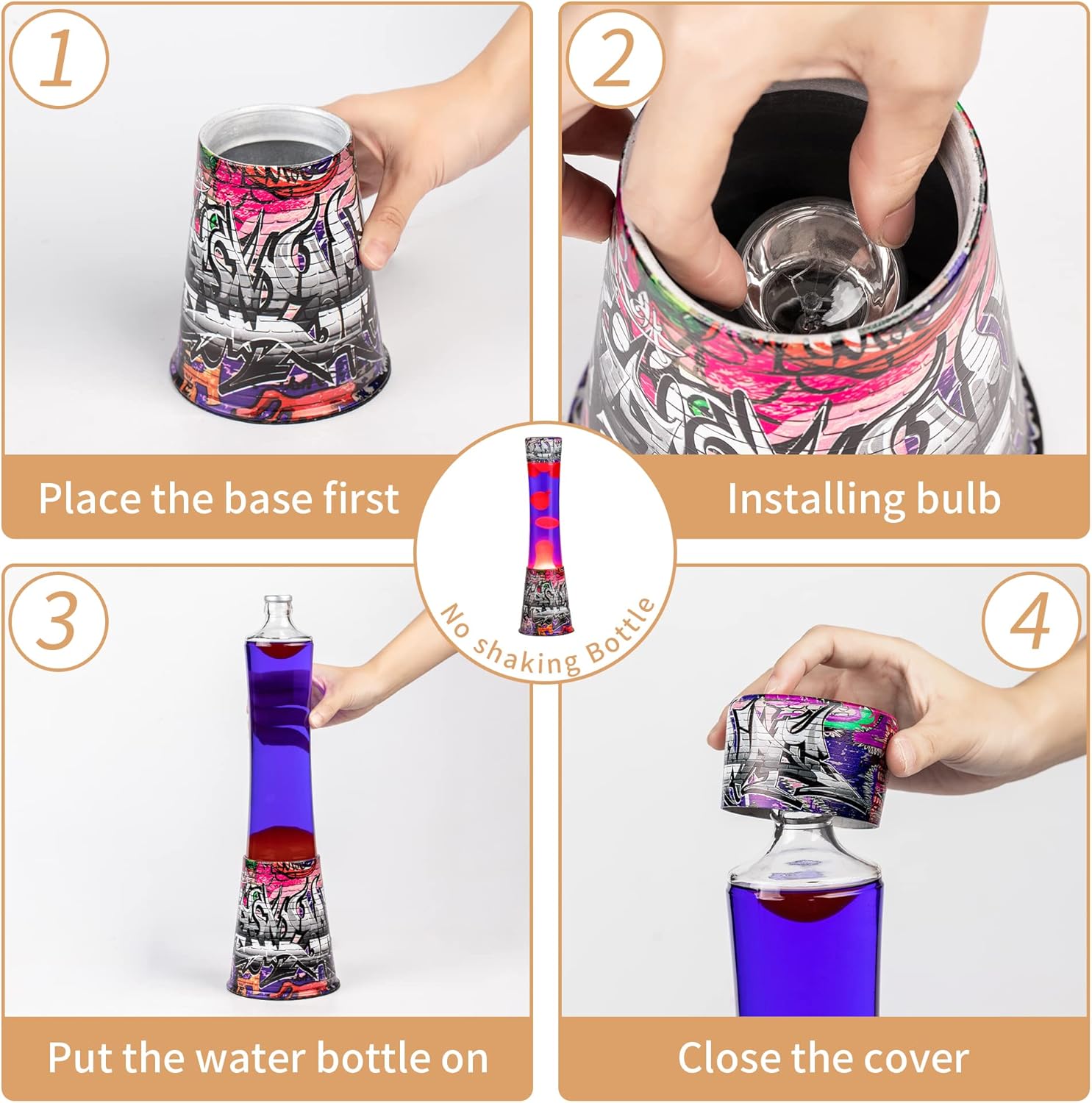 Lámpara de lava, lámparas de lava grandes de 16 pulgadas, base de calcomanía, arte de graffiti Colormax con cera naranja en lámparas de movimiento