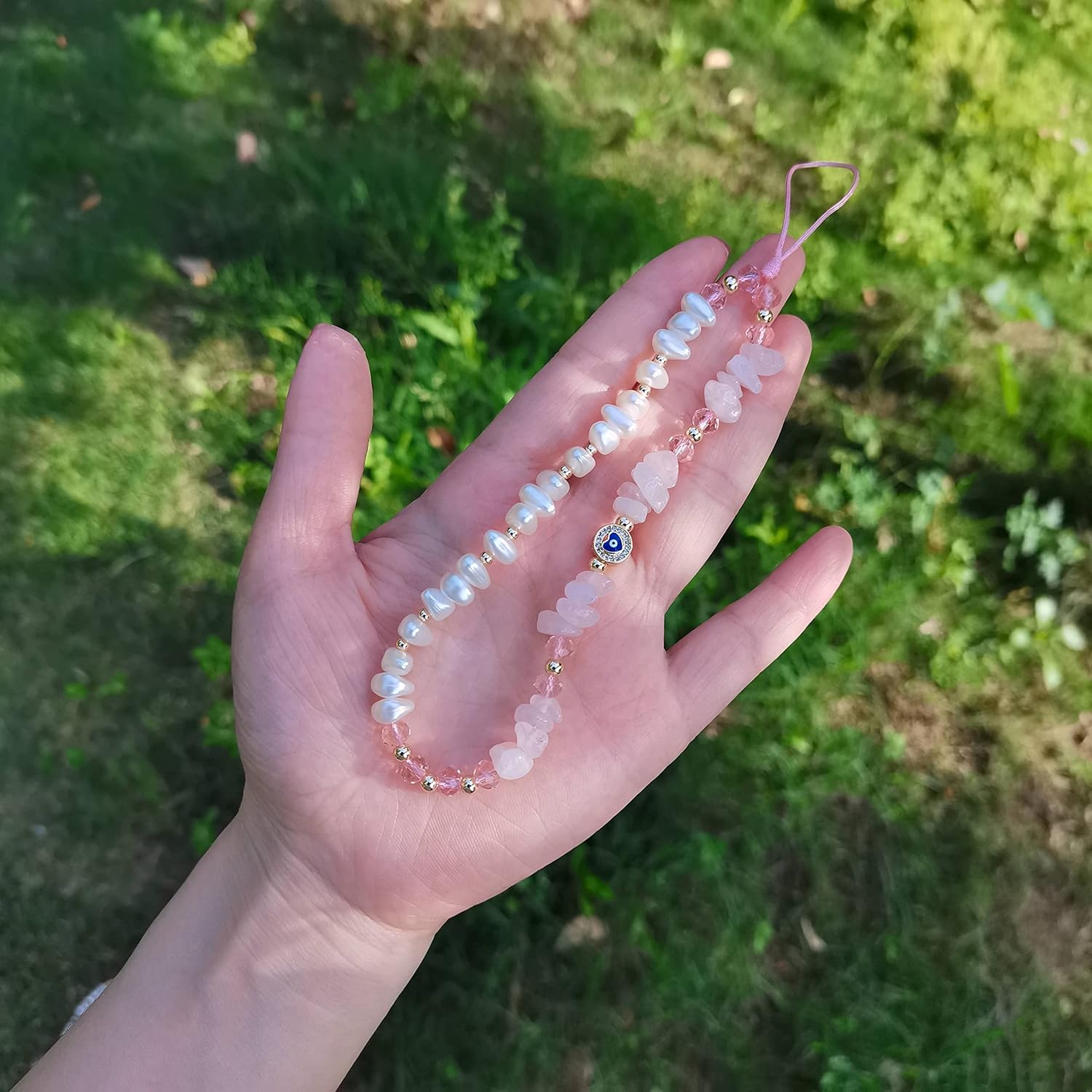 Dije de cristal curativo para teléfono, correa de piedra natural de aventurina de cuarzo rosa amatista, llavero de teléfono contra el mal de ojo