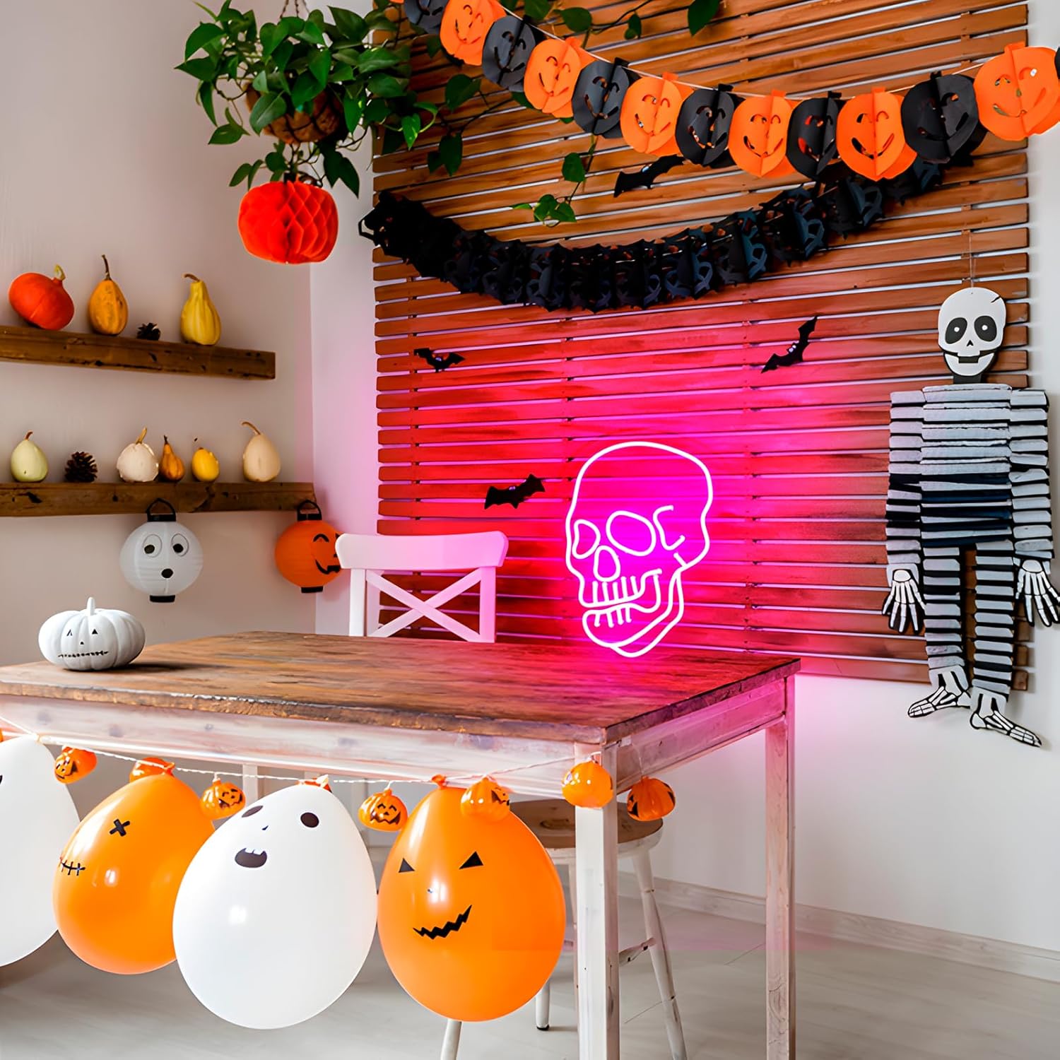 Arte de pared de calavera rosa, decoración de letrero de neón de Halloween, decoración de pared con alimentación USB y batería, letrero de luz de
