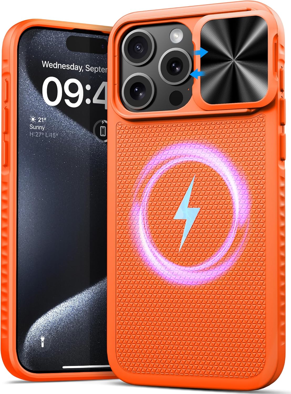 SIXBOX Funda delgada mejorada para iPhone 15 Pro Max, cubierta deslizante integrada para cámara y borde de parachoques de TPU, funda rígida de