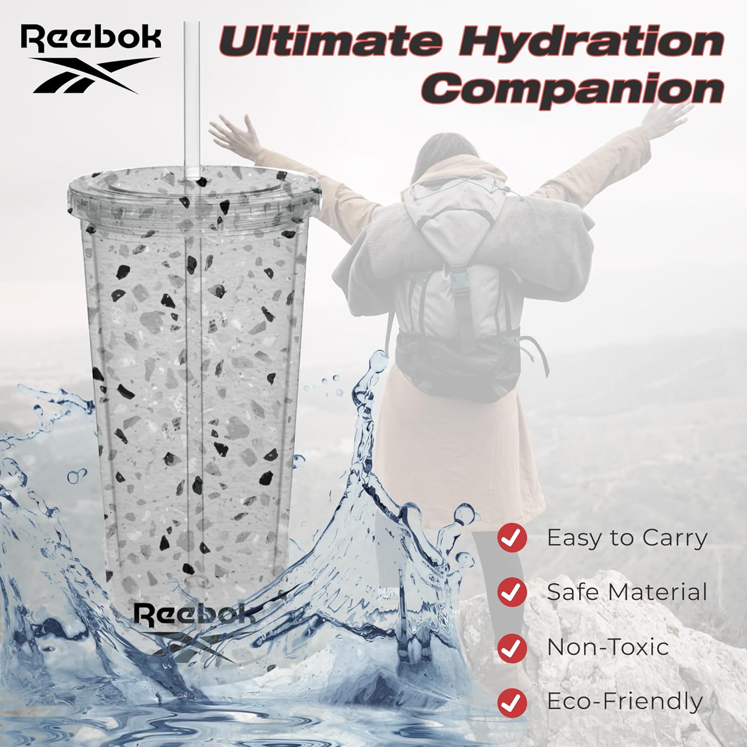 Reebok Lifestyle – Vasos de plástico reutilizables con textura de terrazo prémium con tapa y pajilla, para café de viaje, a prueba de fugas, sin BPA