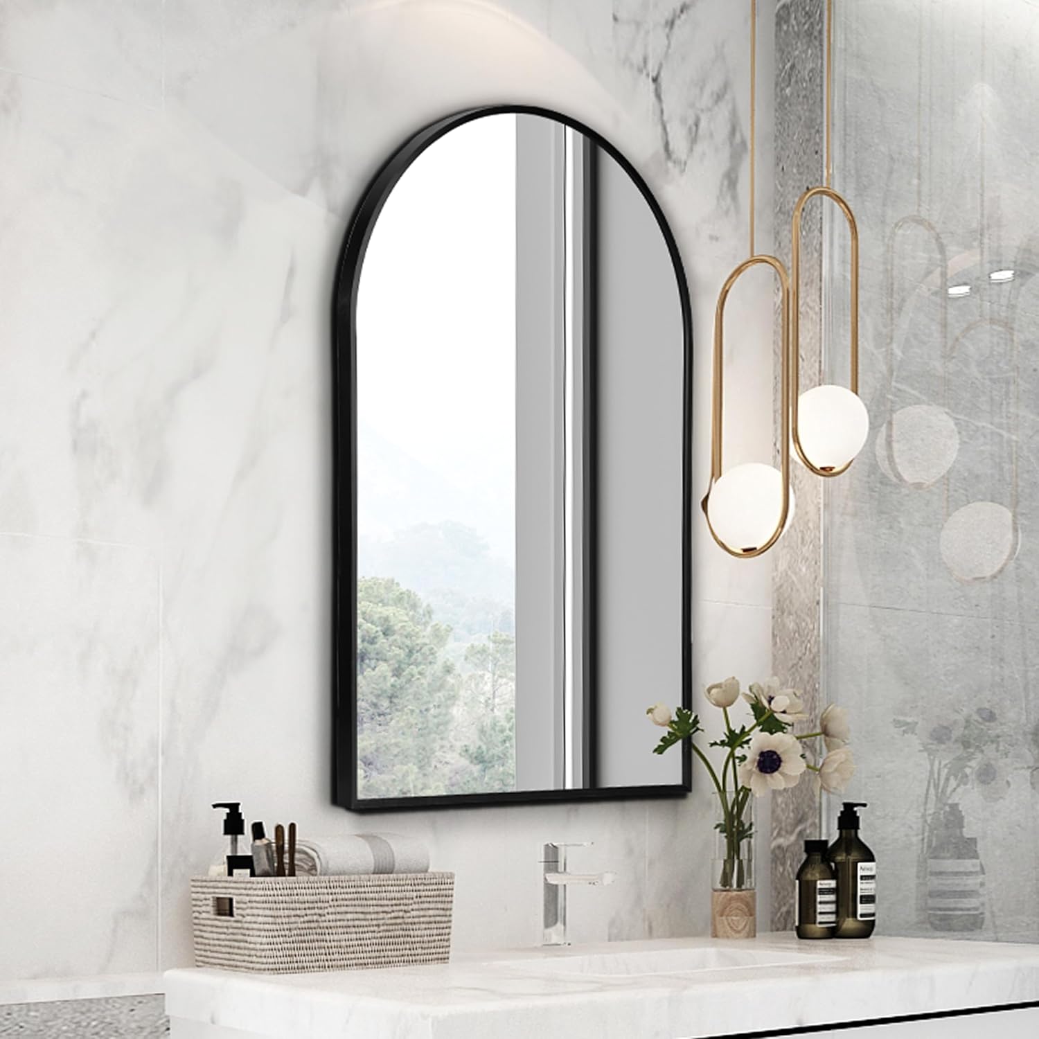 HOWOFURN Espejo de pared arqueado de 30 x 40 pulgadas, decoración de pared, con marco de metal para baño, dormitorio, entrada, espejo de pared