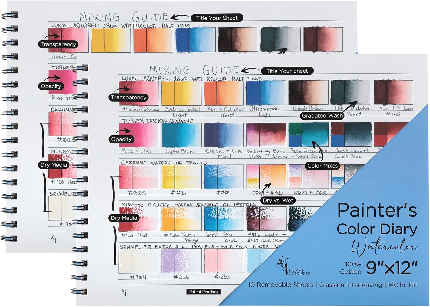 HG Art Concepts Painters – Agenda de colores  9 x 12 pulgadas, 140 libras, libro de muestras de color sin ácidos con 10 páginas para acuarela y