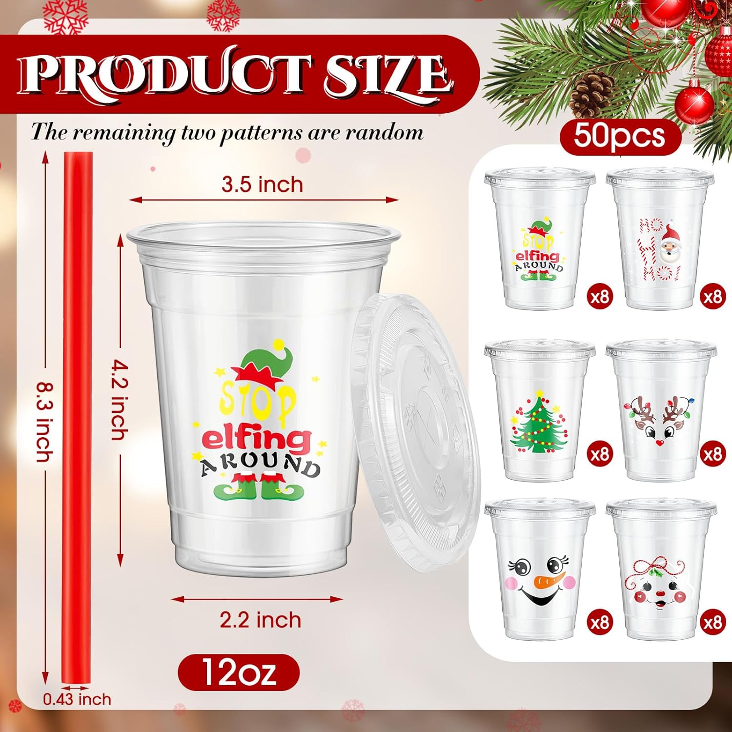 Zhehao Juego de 50 vasos de plástico de Navidad transparentes desechables a granel con tapas y pajitas, Papá Noel, muñeco de nieve, árbol de