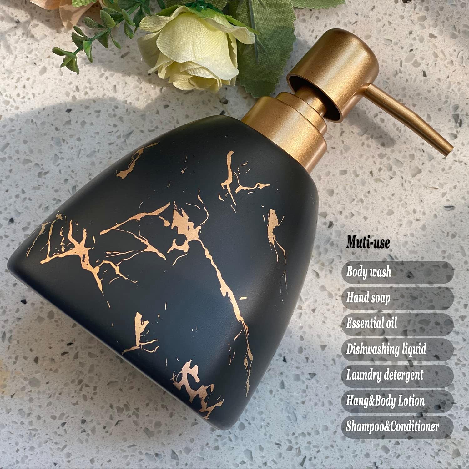 Dispensador de jabón de cerámica para baño, dispensador de jabón negro para platos de cocina, dispensador de jabón con patrón de mármol, dispensador