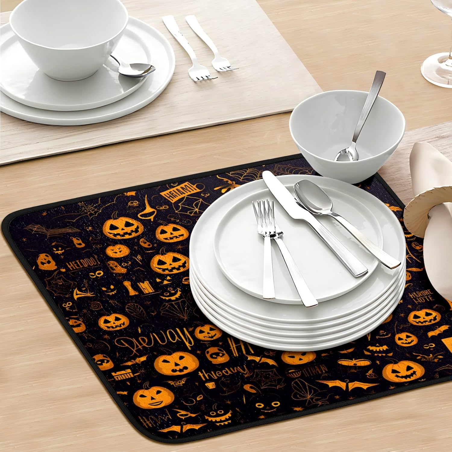 Alfombrillas de secado de platos de calabaza gótica feliz para encimera de cocina, 24 x 18 pulgadas, decoración gótica, almohadilla de secado de