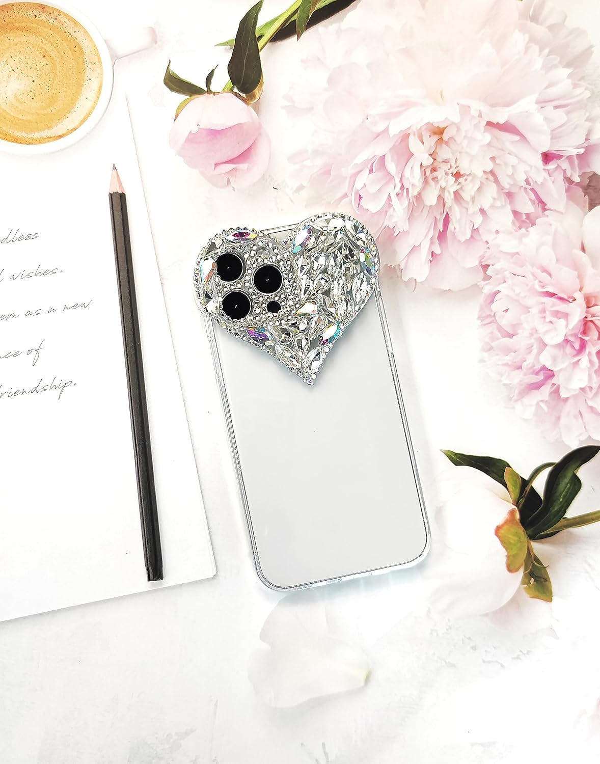 Bonita funda con purpurina 3D para iPhone 14 Plus, funda brillante con gemas de corazón estéticas, bonita funda de poliuretano termoplástico suave