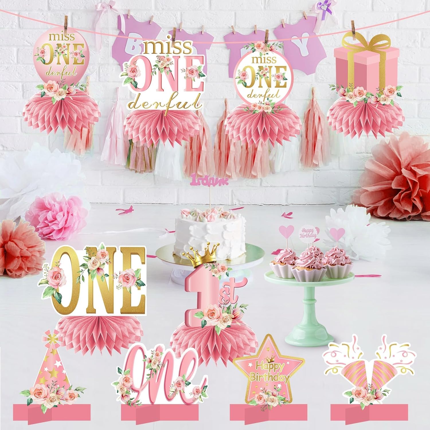 10 piezas de decoración de cumpleaños de Miss Onederful, centros de mesa de panal para niñas bebés, color oro rosa y oro rosa para primer