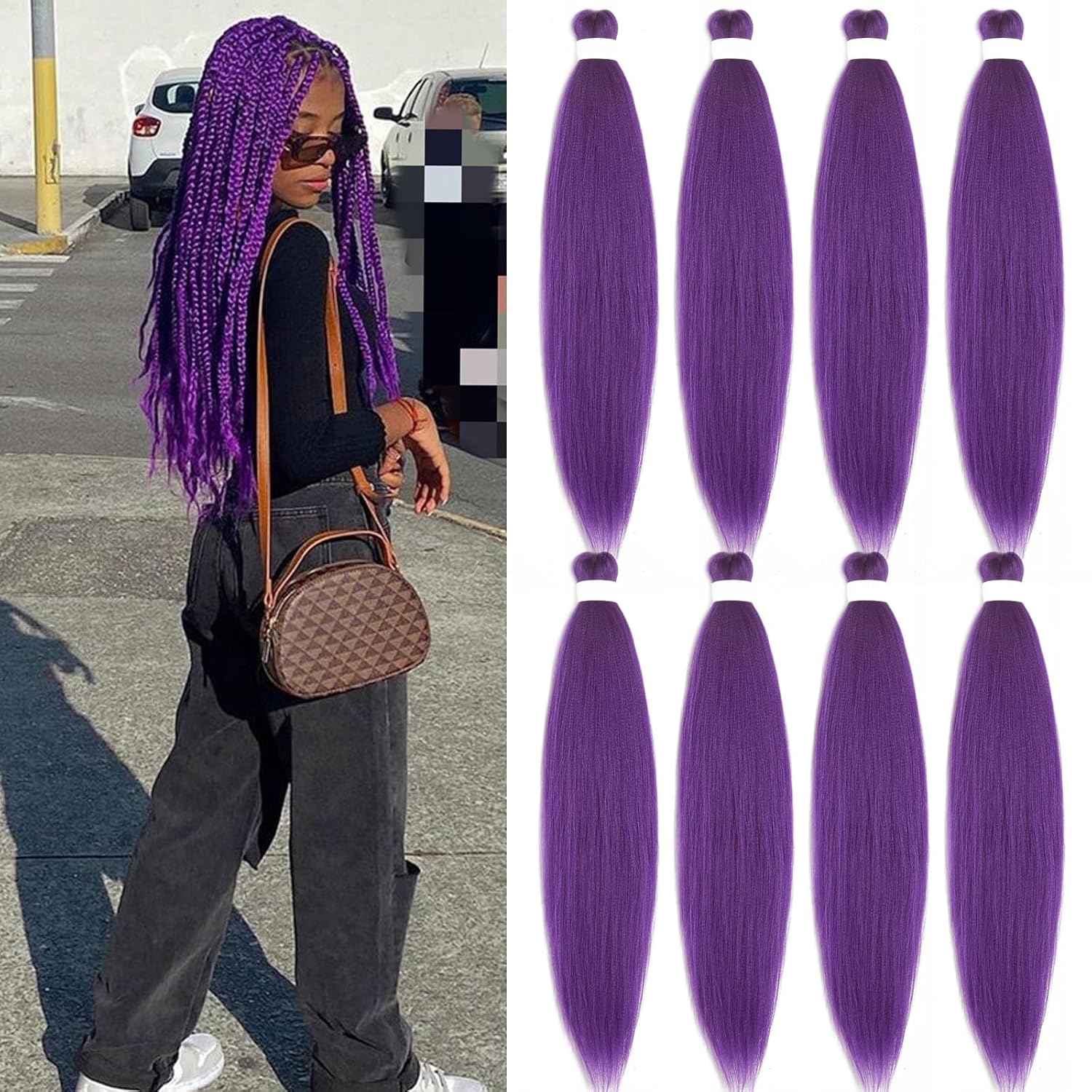 Extensiones de cabello trenzado de color morado para trenzar, caja trenzada, preestirado, preestirado, 26 pulgadas, 8 paquetes de 8 paquetes de