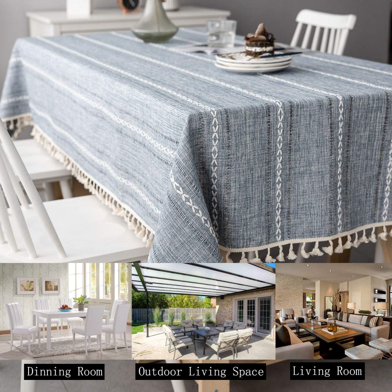 VINWO Mantel de lino de algodón pesado con borlas de color sólido para mesa rectangular (gris, rectangularoblongo, 54 x 118 pulgadas)