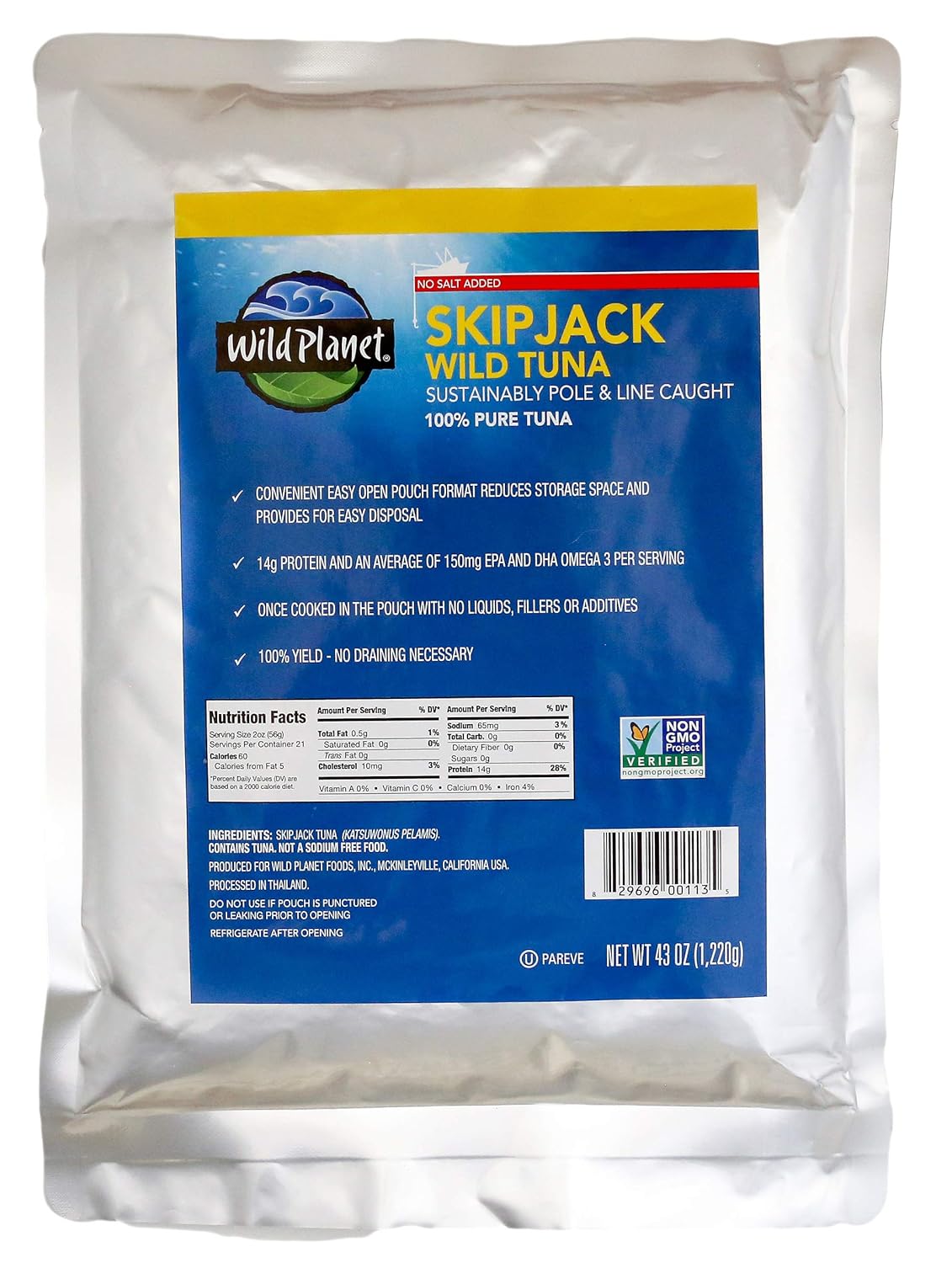 Wild Planet Atún 100% Skipjack, sin sal añadida, bolsa de 43 onzas, 43 onzas