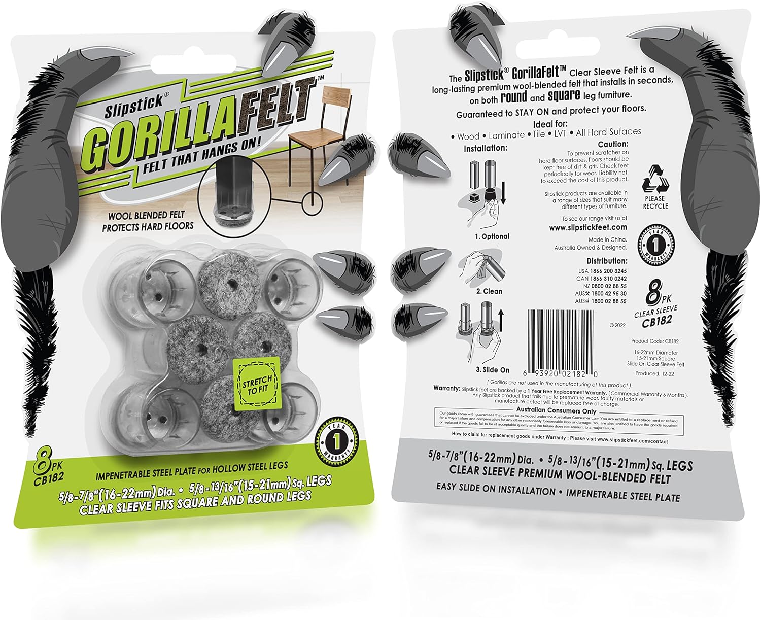 Slipstick GorillaFelt CB182 – Protectores de suelo para patas de silla para suelos de madera, almohadillas de fieltro de funda transparente para