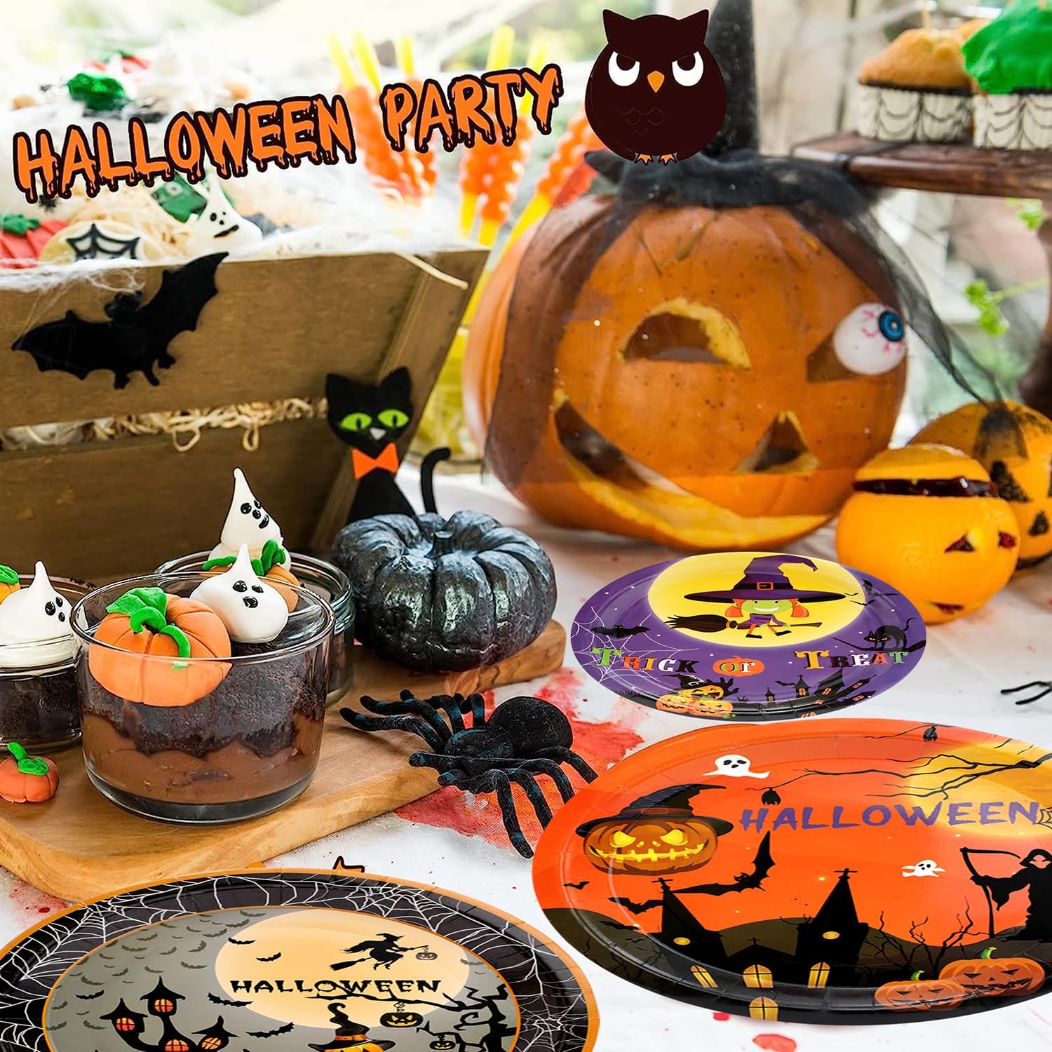 Suministros para fiesta de Halloween, juego de platos de papel de truco o trato, 60 platos de Halloween de 9 pulgadas para decoraciones de fiesta de
