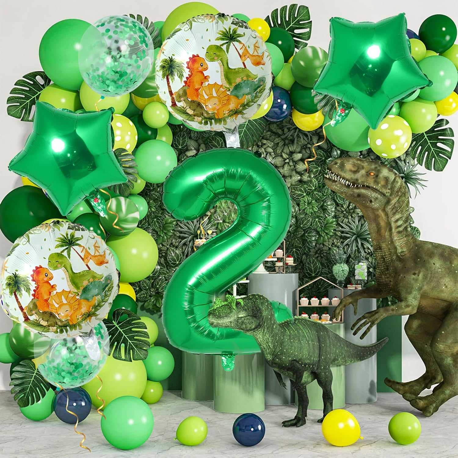 Decoraciones de globos de dinosaurio de 2 cumpleaños para niños, globo verde número 2 para decoración de cumpleaños de niños, dinosaurio rancho