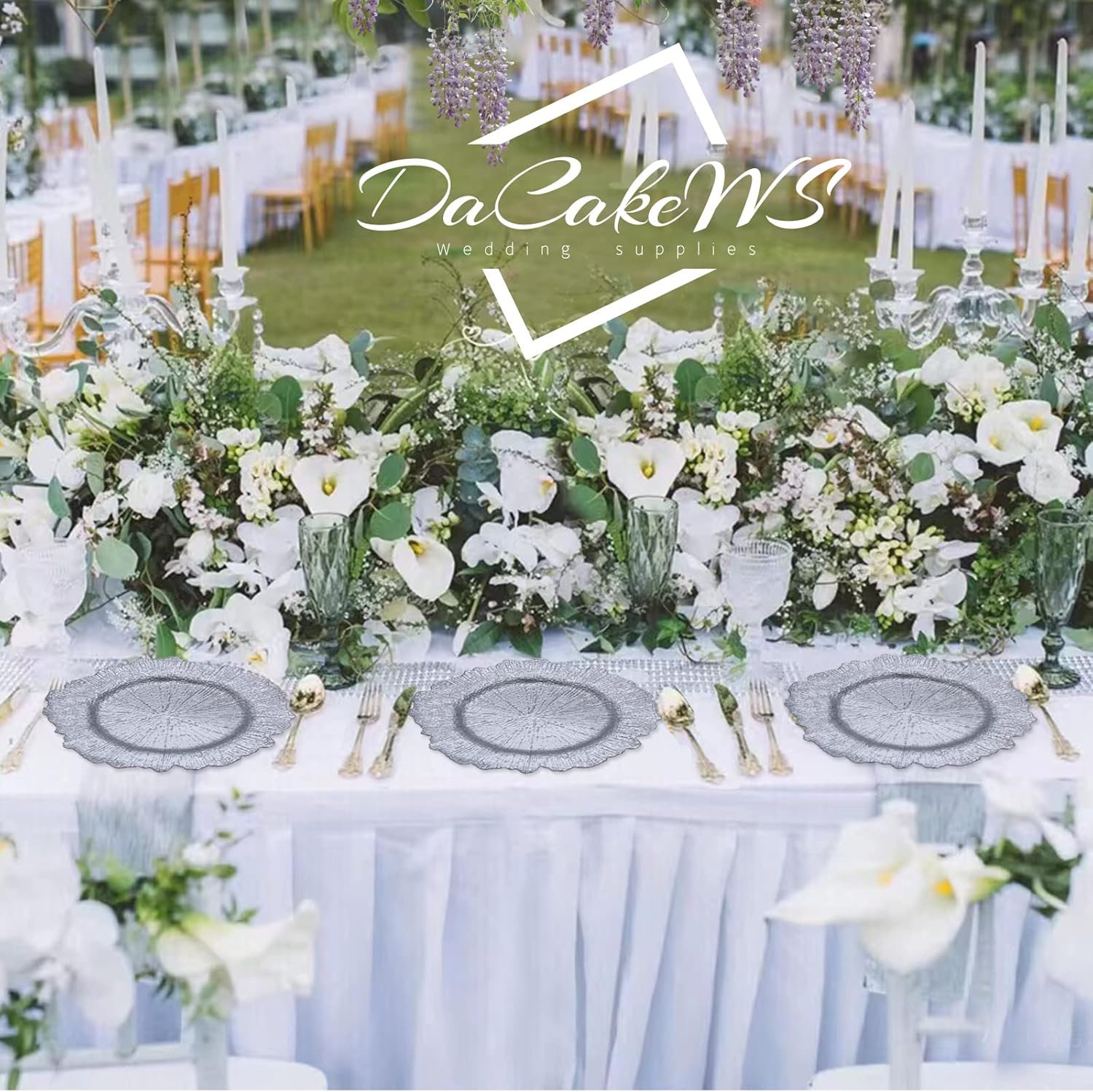 Silver Reef – Juego de 10 platos de carga florales de plástico de 13 pulgadas, para boda, cena, boda, fiesta, evento, decoración (arrecife plateado