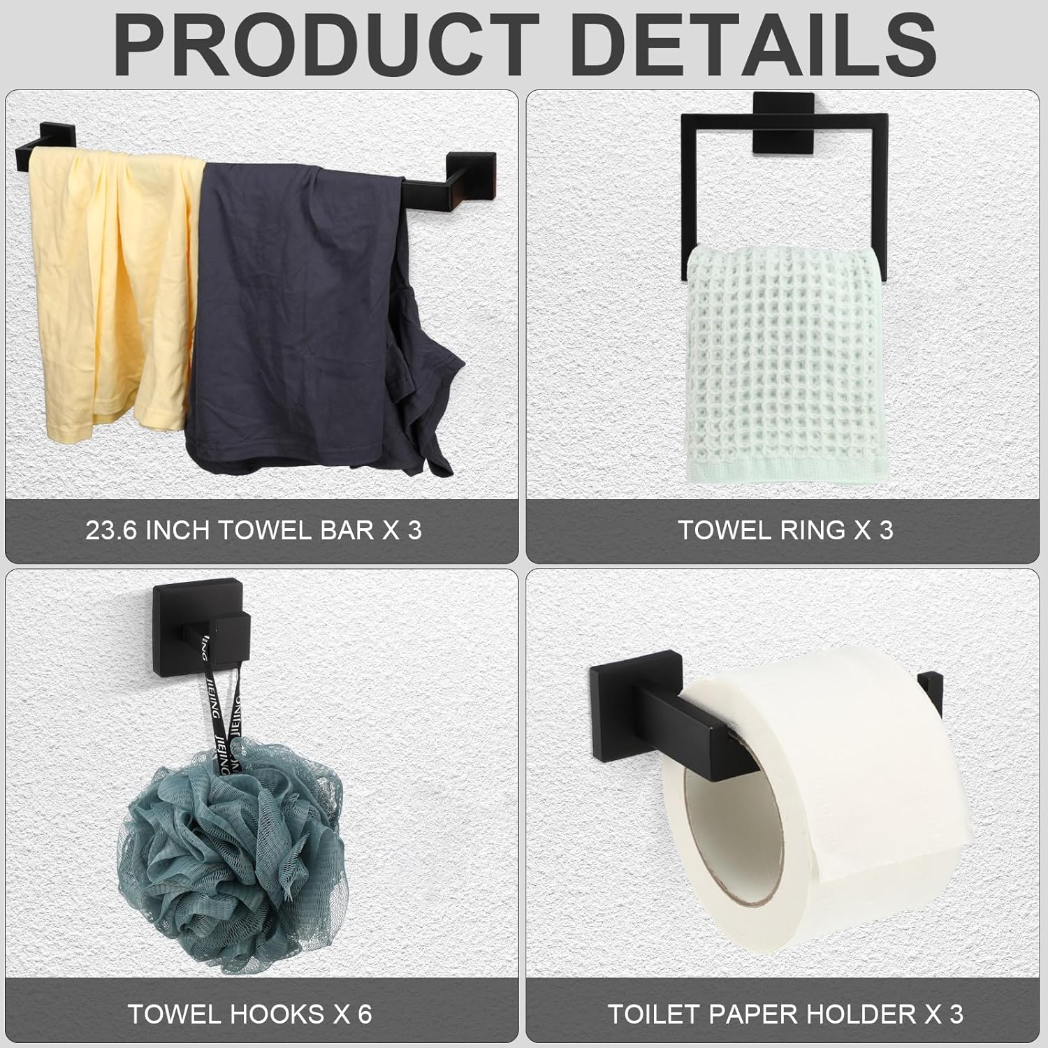 Juego de accesorios de baño, juego de barra de toalla de baño de 23.6 pulgadas, juego de accesorios de baño de acero inoxidable, toalleros para baño