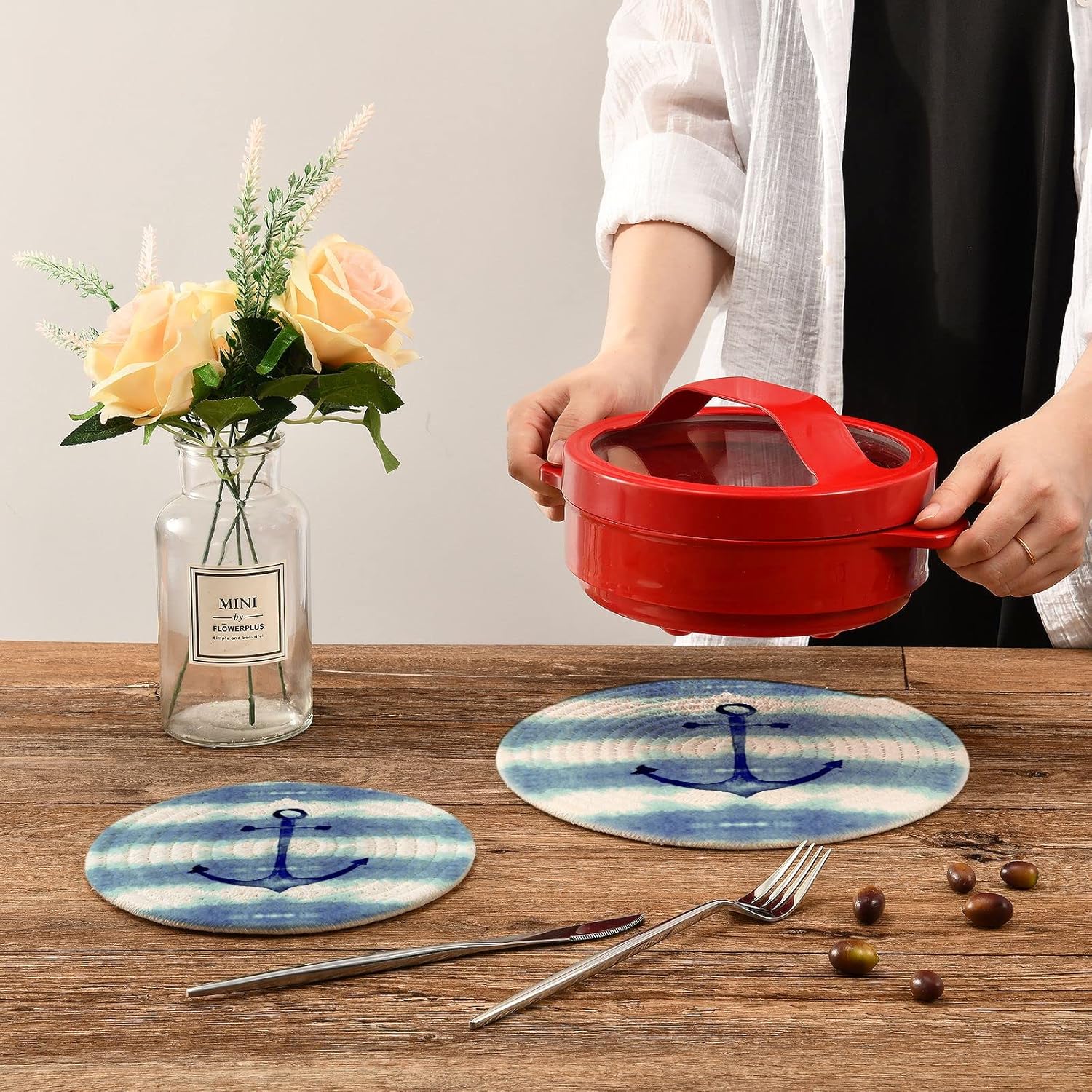 Anclajes náuticos, soportes para ollas de mar, 2 piezas resistentes al calor para platos calientes, acuarelas de verano, tejido de hilo de algodón
