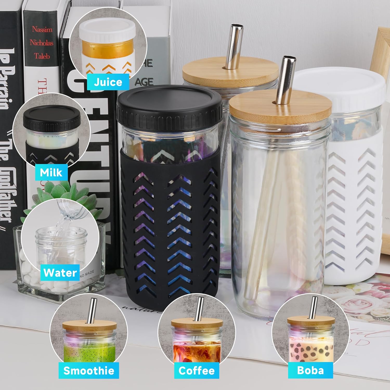 Elma Home Vasos de vidrio con tapas y pajitas, vasos de bambú reutilizables, tarro Mason de 24 onzas, paquete de 4, juego de boca ancha, vaso de