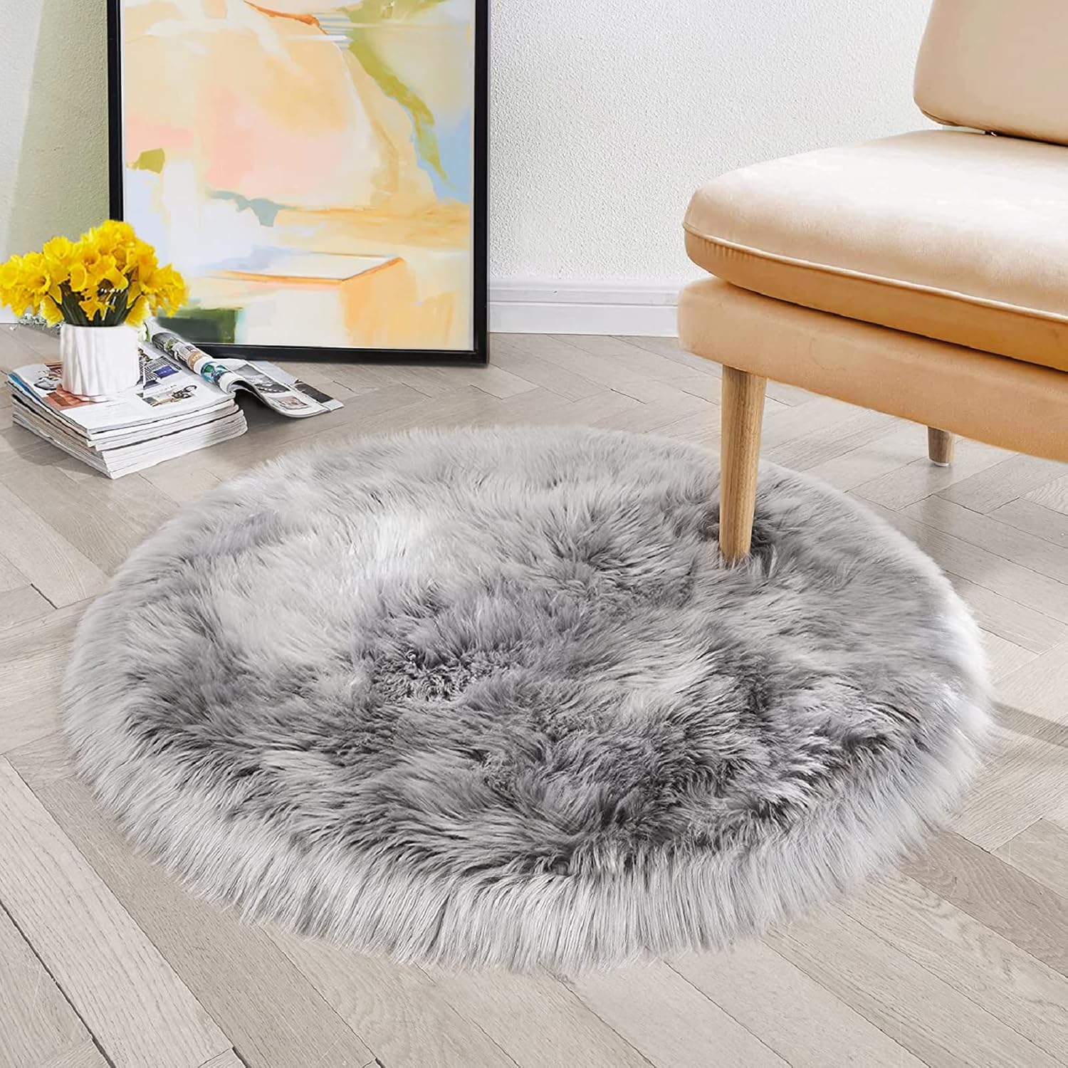 ORINOVA Round Rugs – Alfombra redonda de piel sintética de oveja sintética, lavable, de 6 pies, color gris plateado, para dormitorio, alfombra