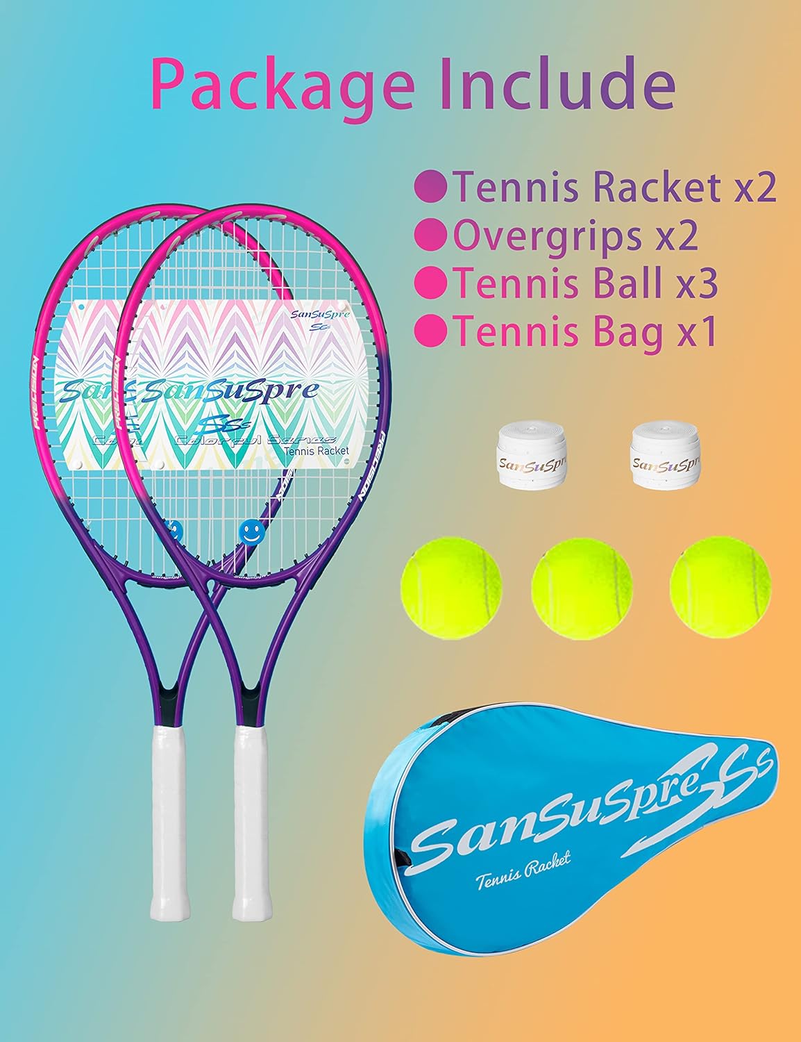 Raqueta de tenis de 27 pulgadas para adultos, paquete de 2 raquetas de tenis para hombres y mujeres, para principiantes y profesionales, con bolsa,