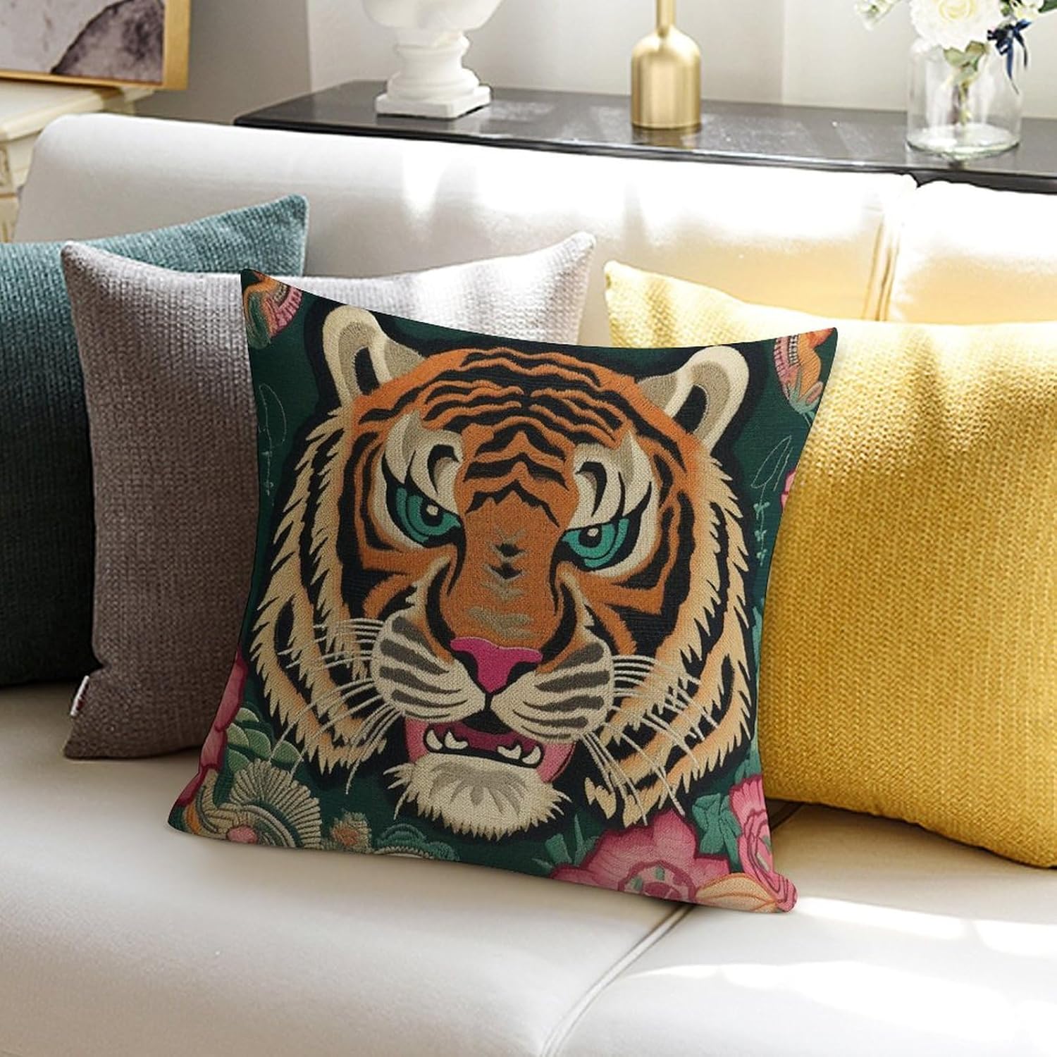 Funda de almohada con estampado de tigre, color rosa, verde y turquesa, negro, funda de almohada colorida de animales chinoiserie, 18 x 18 pulgadas,
