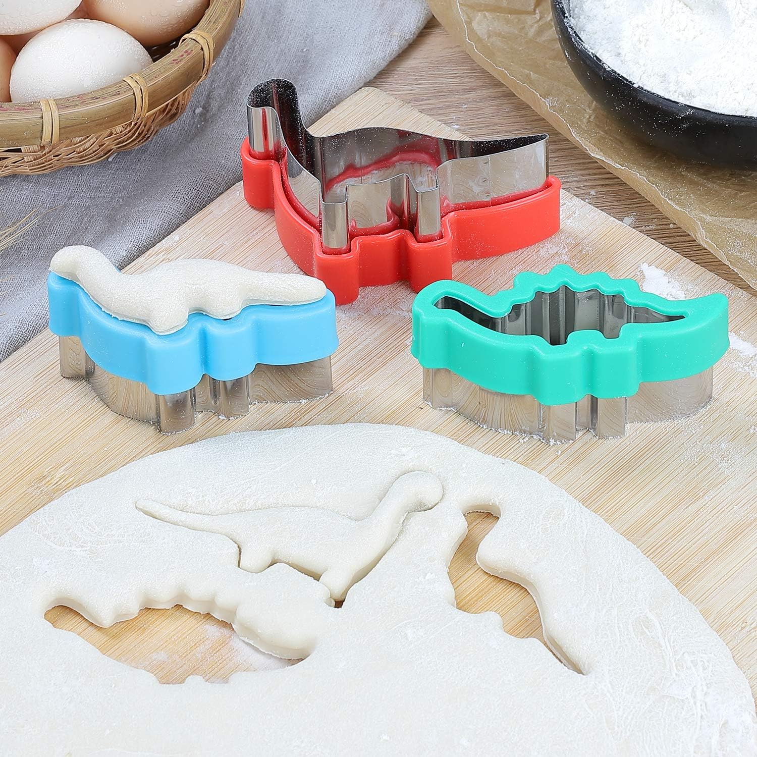 Juego de cortadores de galletas de dinosaurio, moldes de acero inoxidable con forma de caramelo para manualidades, cocina, hornear, niños, temática