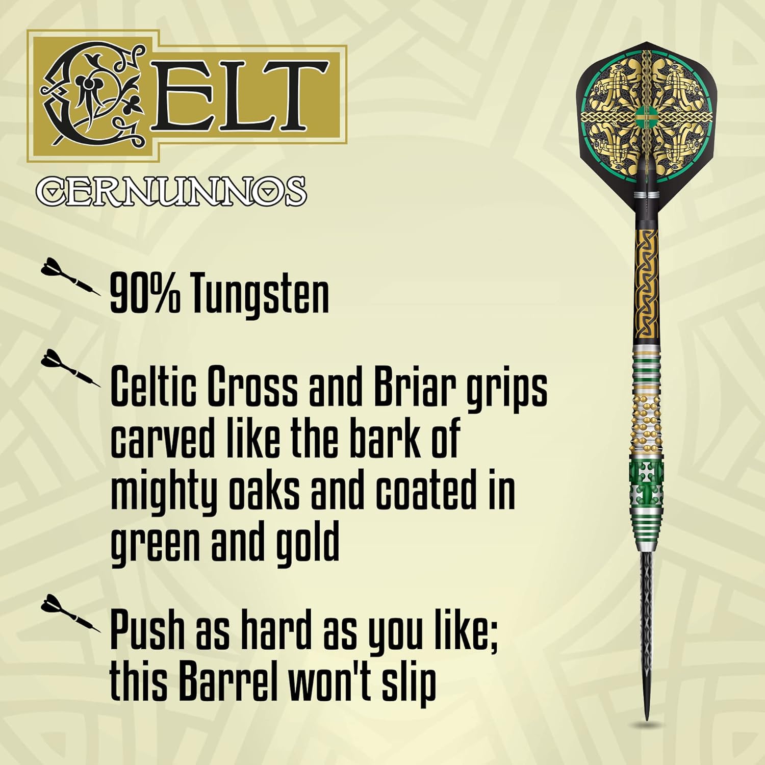 Shot! Celt Cernunnos – Juego de dardos de punta de acero 90% tungsteno profesional, fabricado en Nueva Zelanda – Vuelos de dardos diseñados para