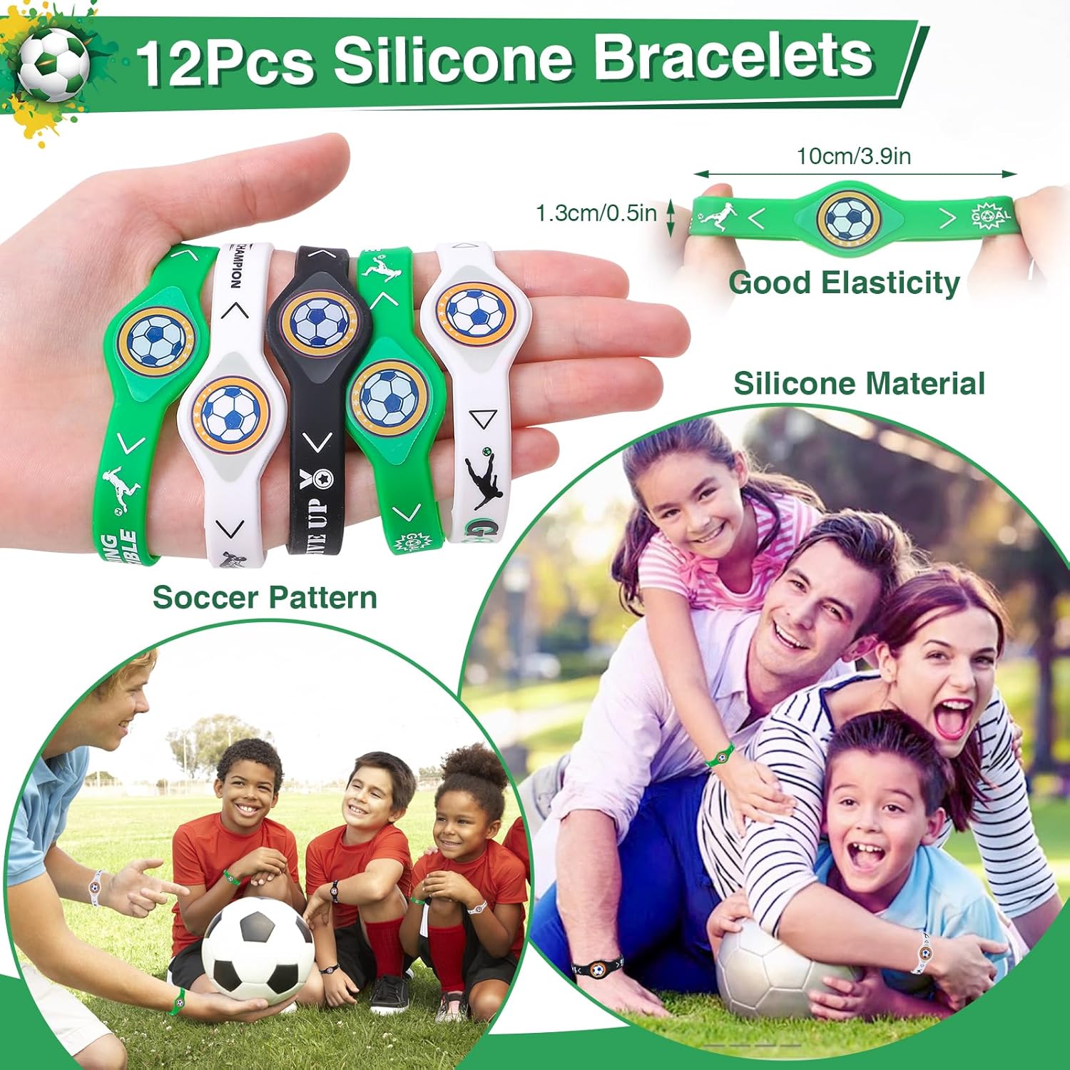 Winrayk Juego de 12 regalos de fiesta de fútbol, suministros de cumpleaños, bolsas con cordón, pulseras de silicona, llavero, calcomanías de
