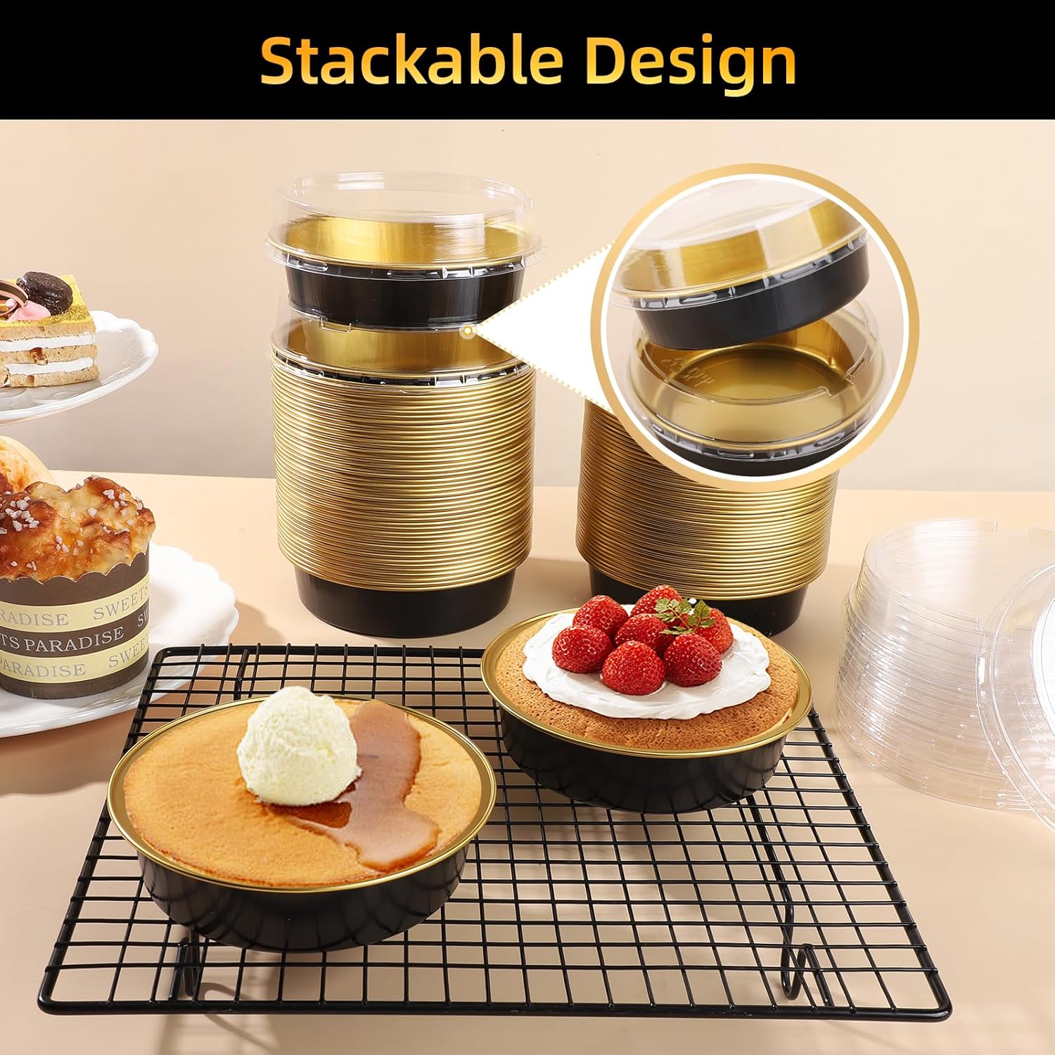 Beasea Ramequines desechables de crema brulee con tapas, paquete de 120 latas de 4 pulgadas y 8 onzas, mini latas para tartas de papel de aluminio