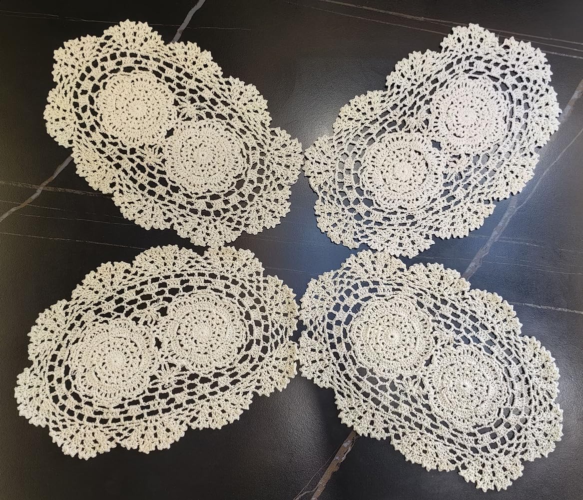 Juego de 4 manteles individuales hechos a mano de ganchillo, de algodón, con forma ovalada, 10 x 14 pulgadas, color beige