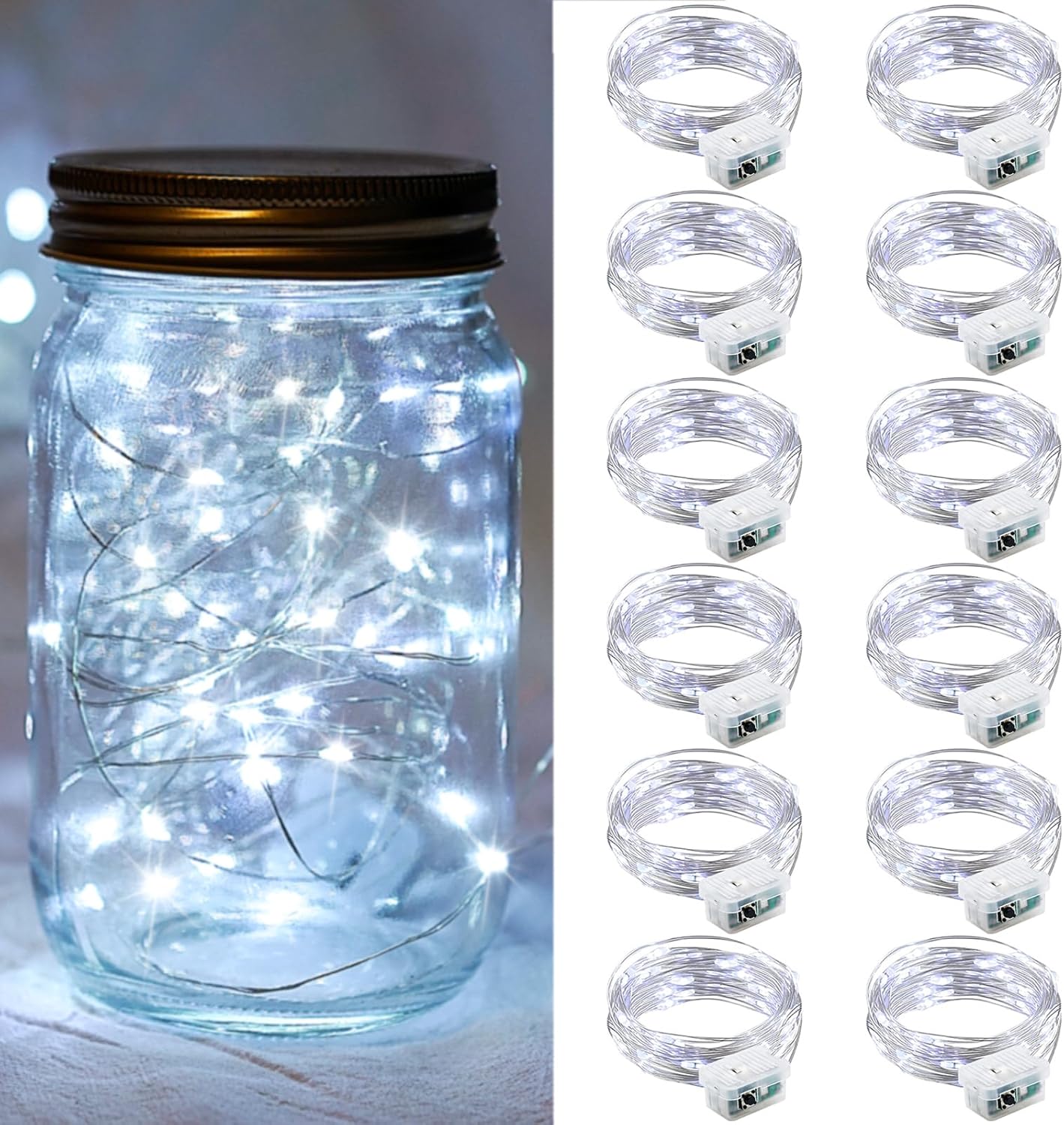 chzk Paquete de 12 luces de hadas de 7 pies, 20 luces LED parpadeantes, funciona con pilas, luces impermeables de luciérnaga estrellada, luces de