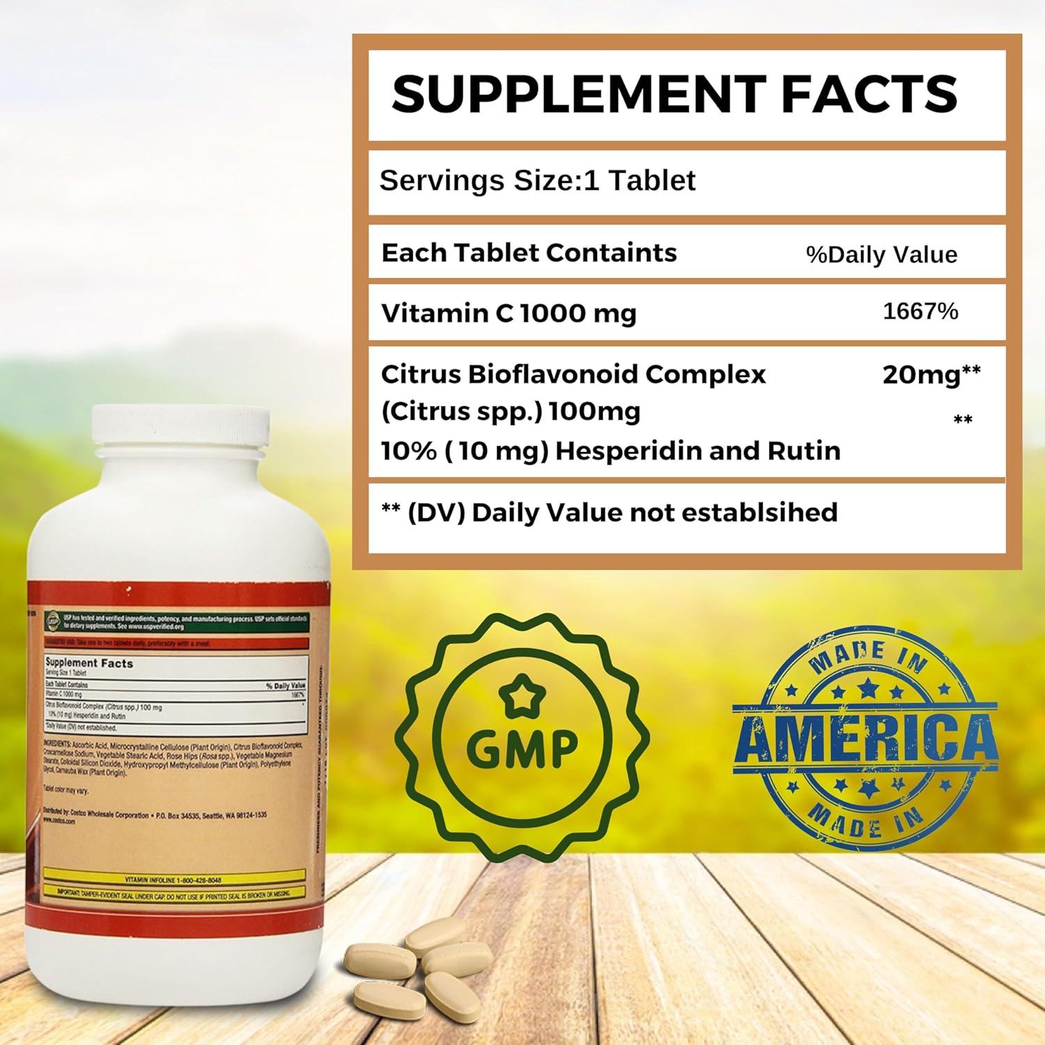 Worldwide Nutrition Bundle Kirkland Vitamina C con Rose HIPS y complejo de bioflavonoides cítricos (vitamina C 1000 mg)  500 tabletas de suplemento