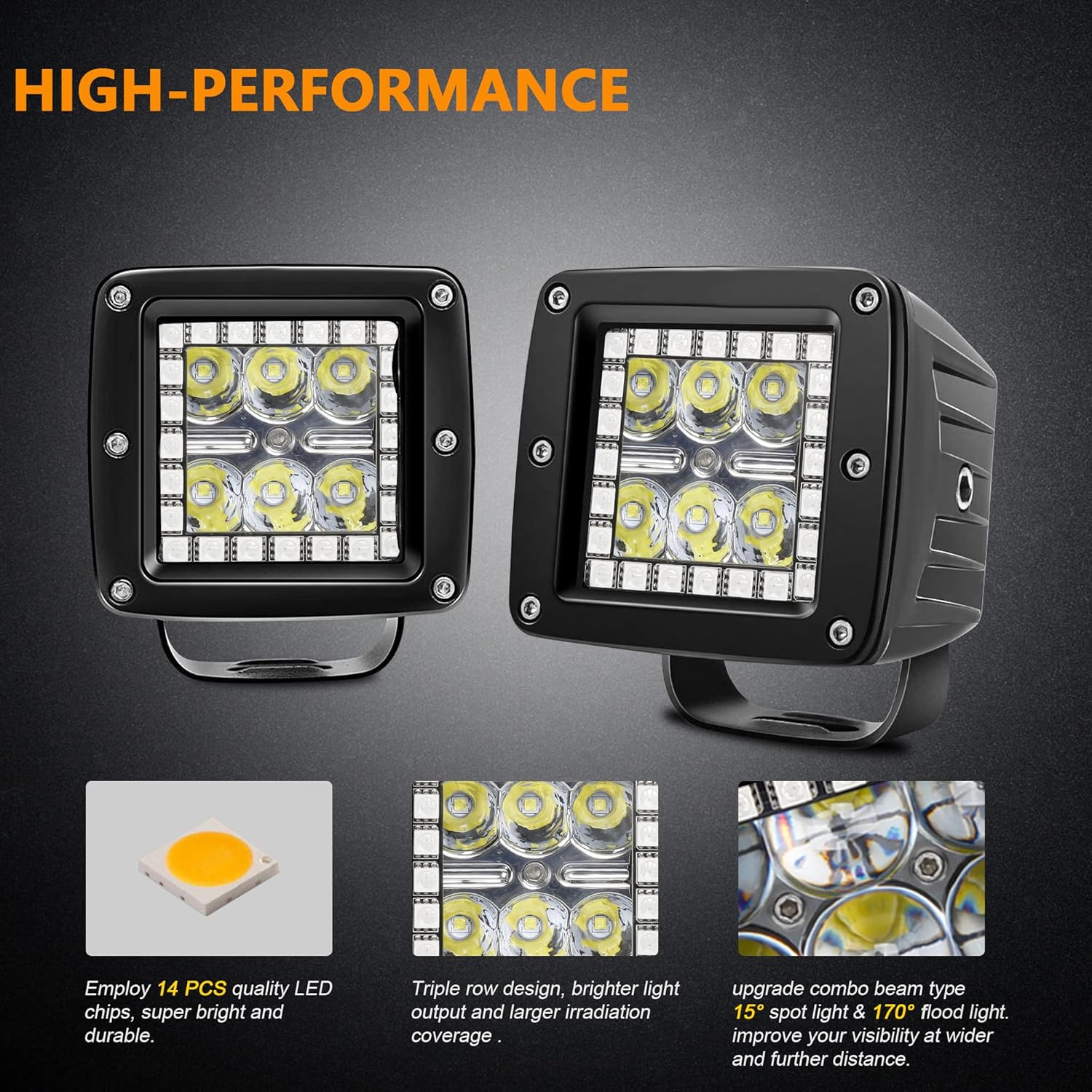 Nicoko Luces LED RGB de 3 pulgadas, 18 W, luces todoterreno, cápsulas cuadradas + controlador impermeable para luces, camión, automóvil, barco,