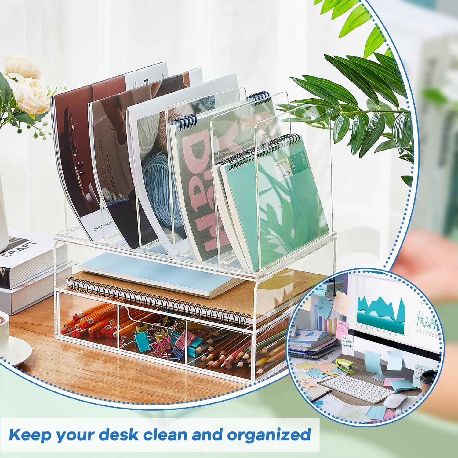 Yeaqee Organizador de escritorio de acrílico transparente y accesorios, organizador de archivos para escritorio con cajón deslizante, bandeja doble,