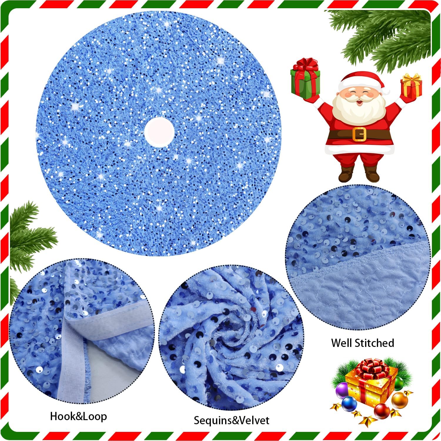 Falda de árbol de Navidad, color azul bebé, 36 pulgadas, falda de árbol de lentejuelas con purpurina, falda de árbol de terciopelo azul claro, falda