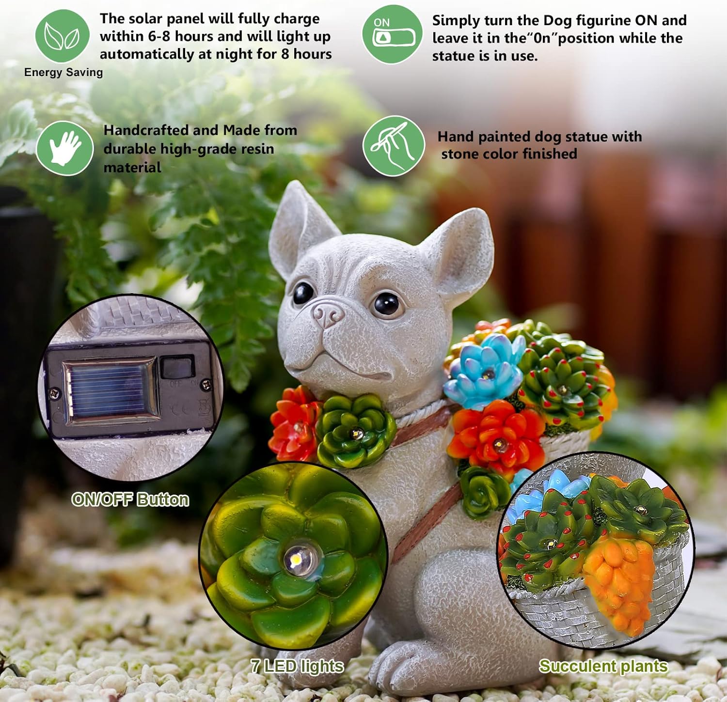 Garden Decor Dog Statue Outdoor – Solar Dog Succulent Figurine Outsides Decorations Puppy for Patio, Balcony, Yard, Lawn Ornament – Unique Gift for