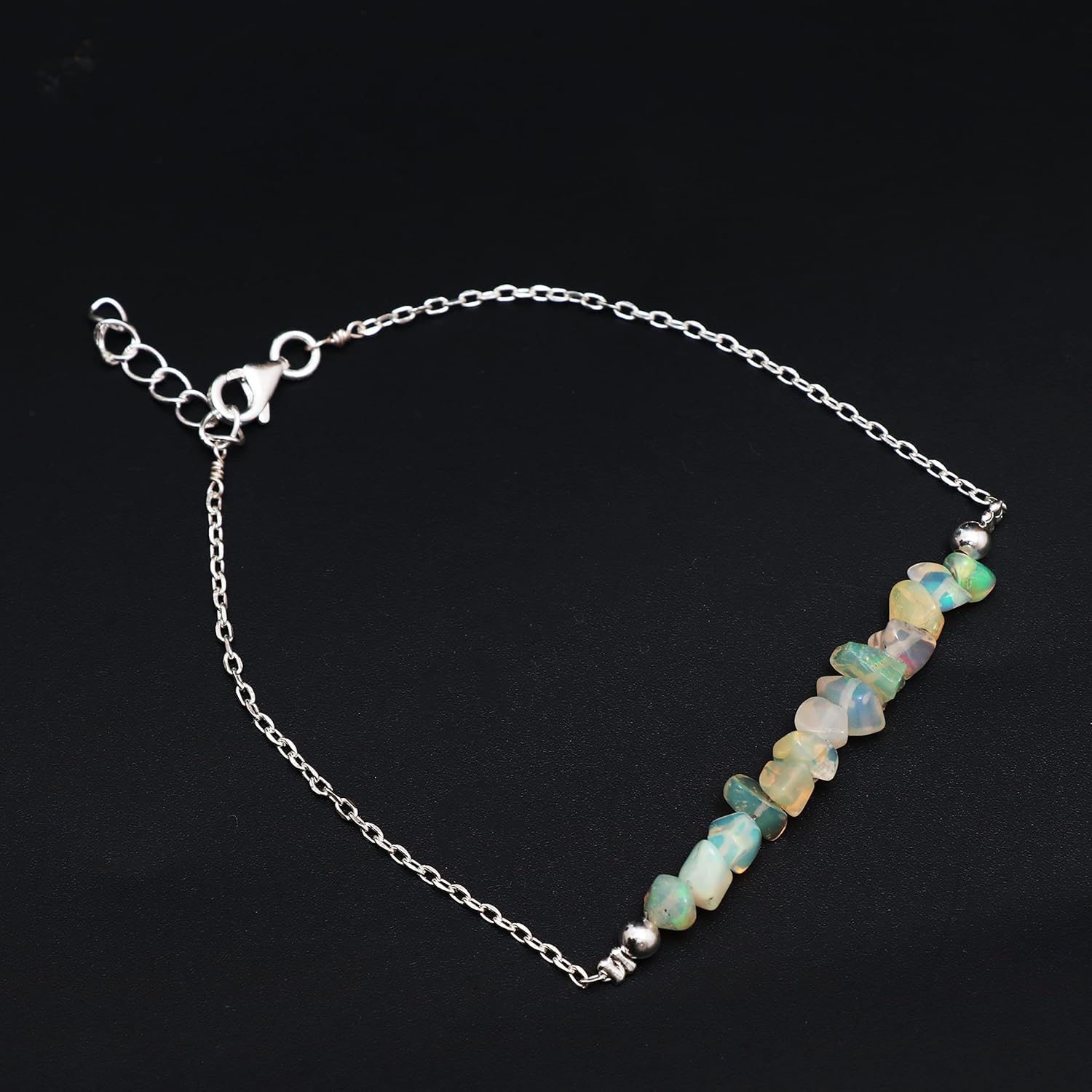 GemInspire 925 Sterling Silver Natural Ethiopian Opal Chips Bar Bracelet, Dainty Bracelet, Silver Jewelry Gift For Her (Ethiopian Opal)