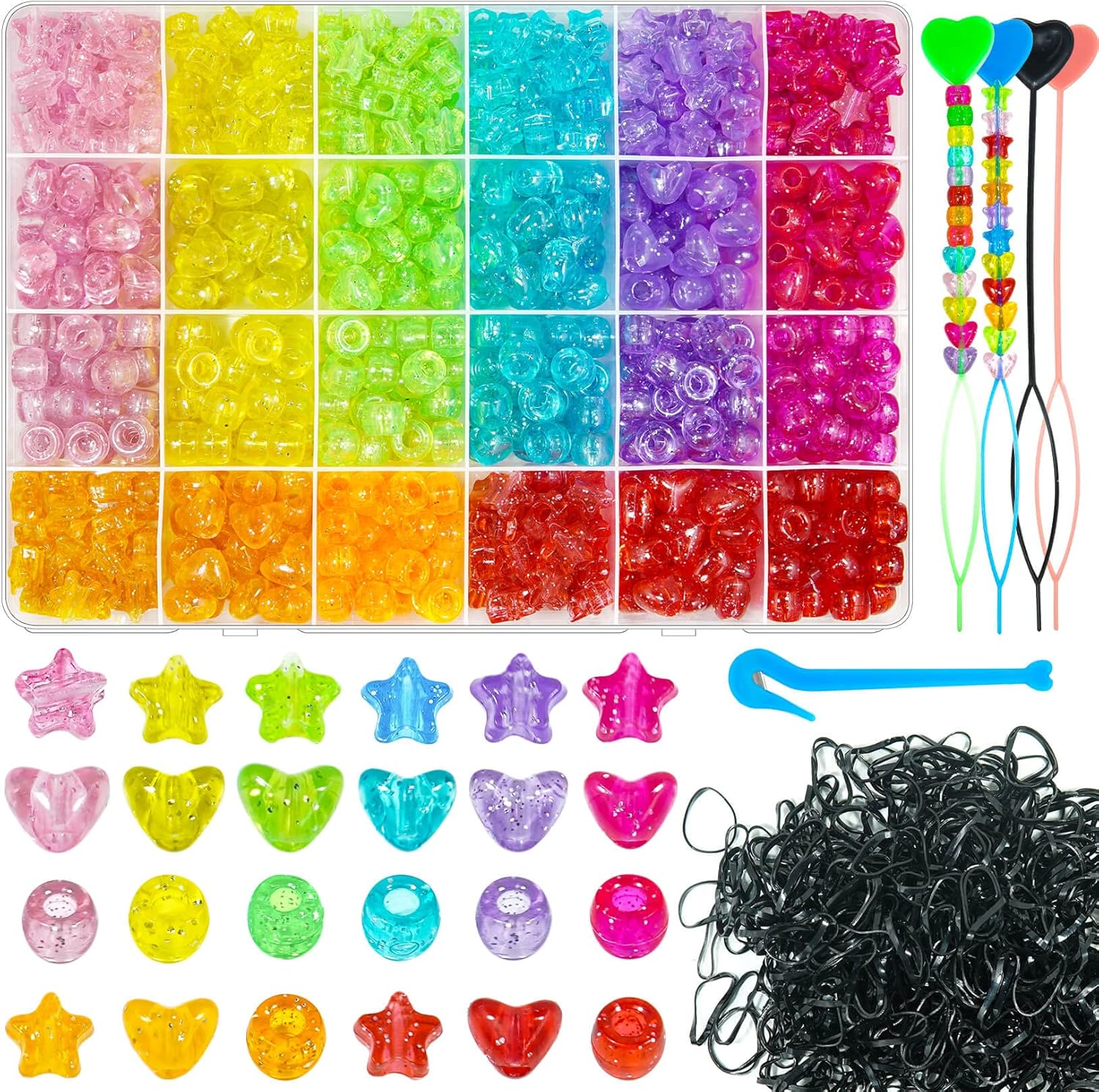 1680 cuentas de pony para trenzar el cabello, estrellas acrílicas con purpurina de corazón, cuentas de agujero grande con banda de goma elástica,