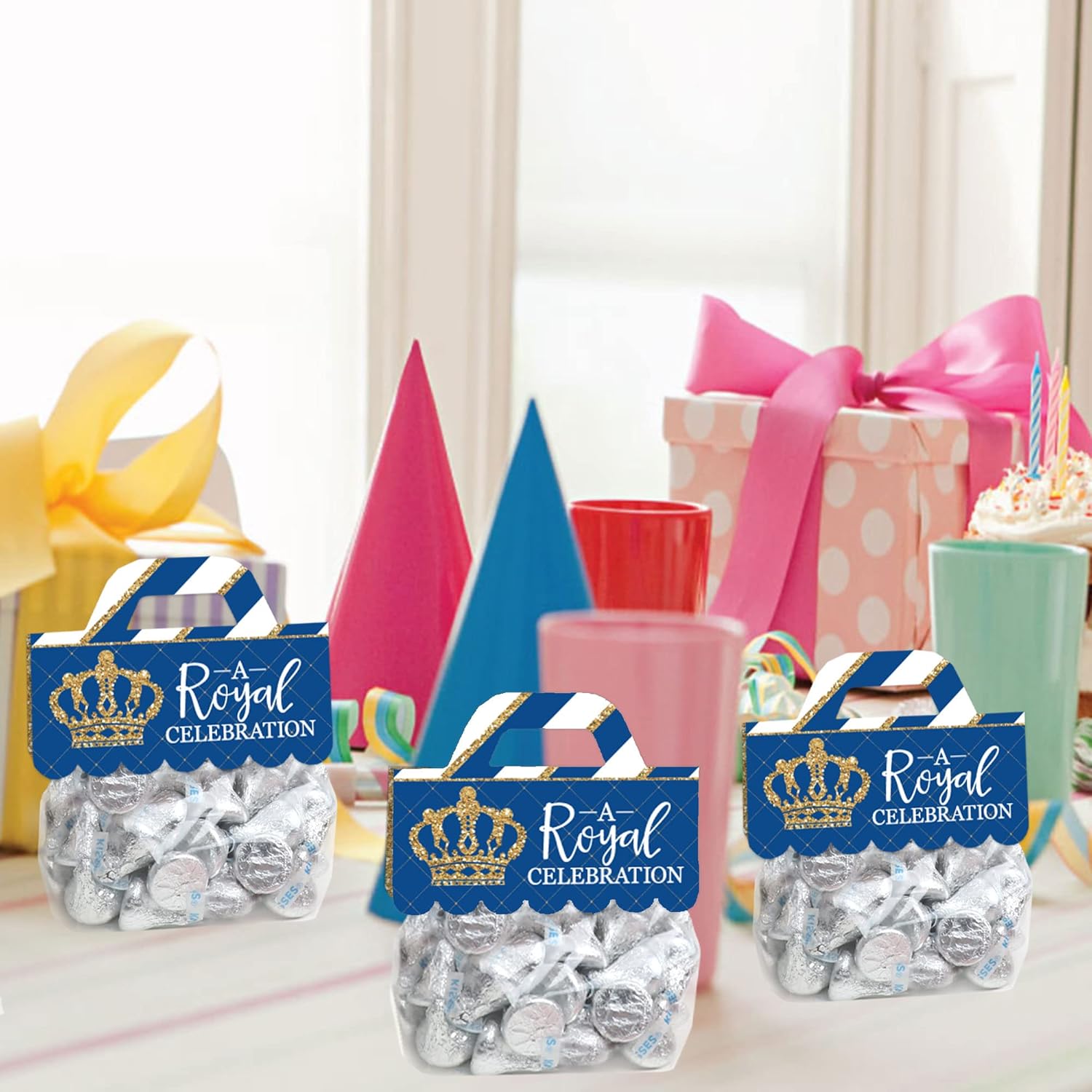 Big Dot of Happiness Royal Prince Charming – Etiquetas transparentes para bolsas de regalo para baby shower o fiesta de cumpleaños, bolsas de dulces