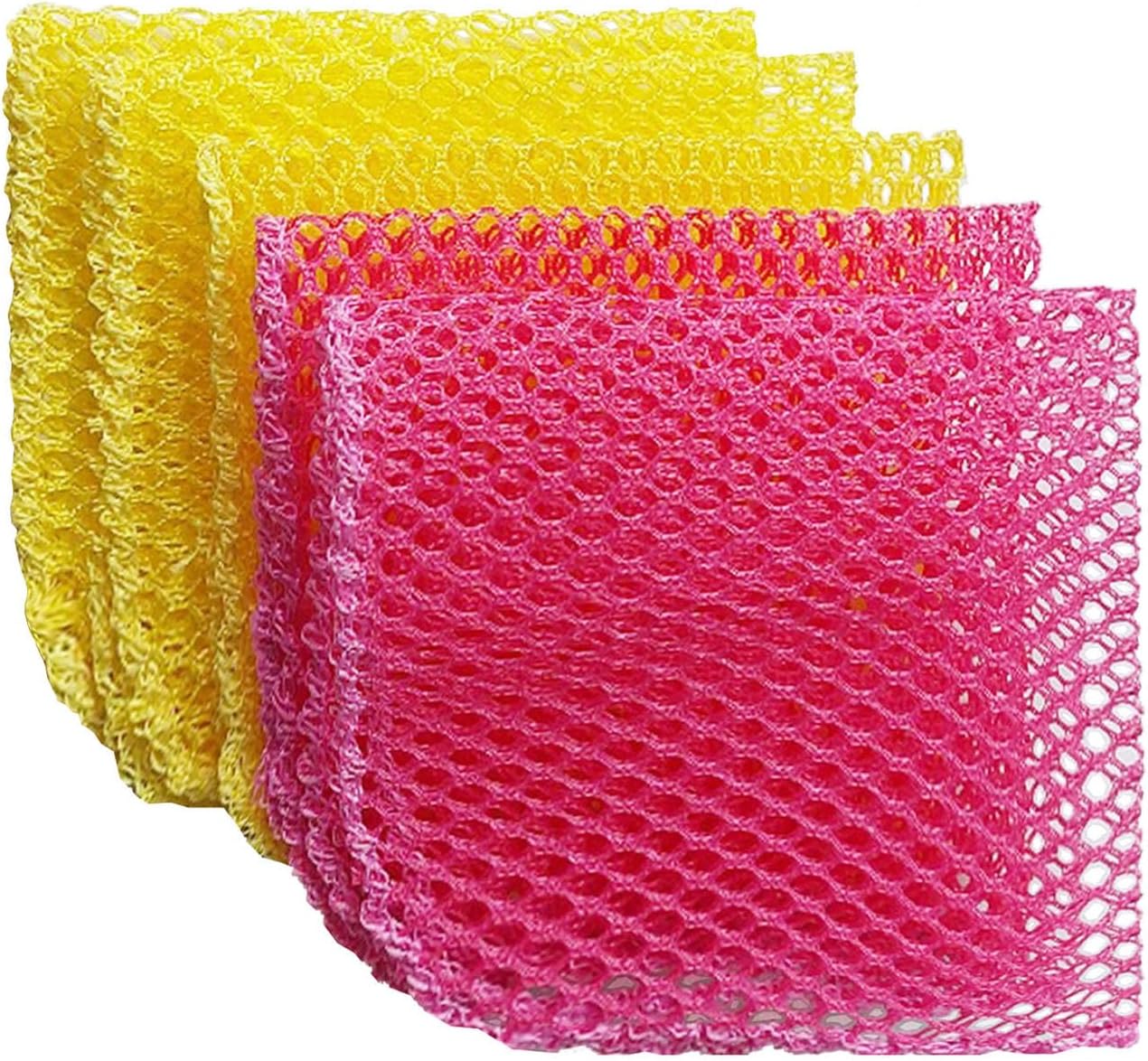 Depurador de malla de 5 piezas, perfecto para lavar platos, secado rápido, no más esponjas con olor de 11.5 x 11.5 pulgadas (rosa 2+amarillo 3)