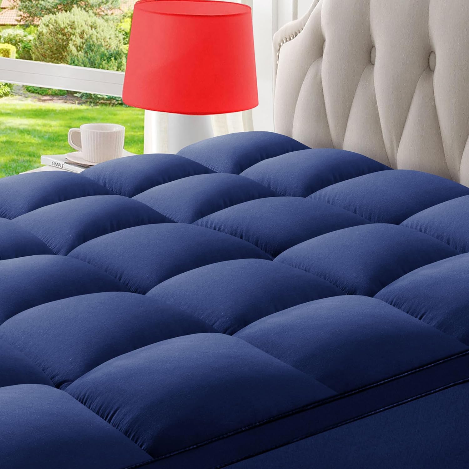 BedLuxury Cubrecolchón corto tamaño Queen, protector acolchado de felpa suave con bolsillo profundo de 8-21 pulgadas, color azul marino