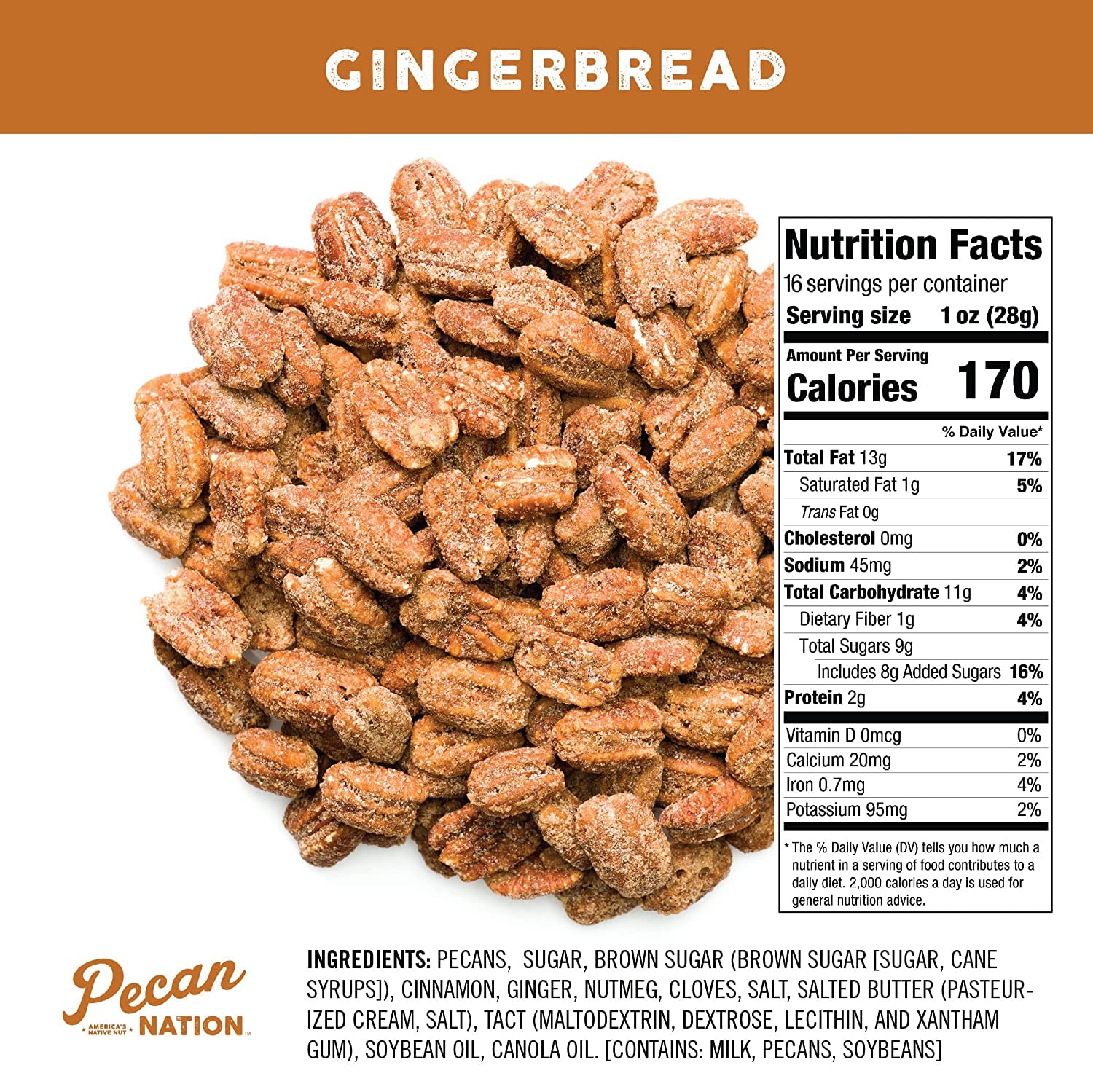 Pecan Nation Gingerbread Holiday – Mitades de nueces tostadas de 16 onzas, natural, sin conservantes, ricas en antioxidantes, sin OMG, nueces