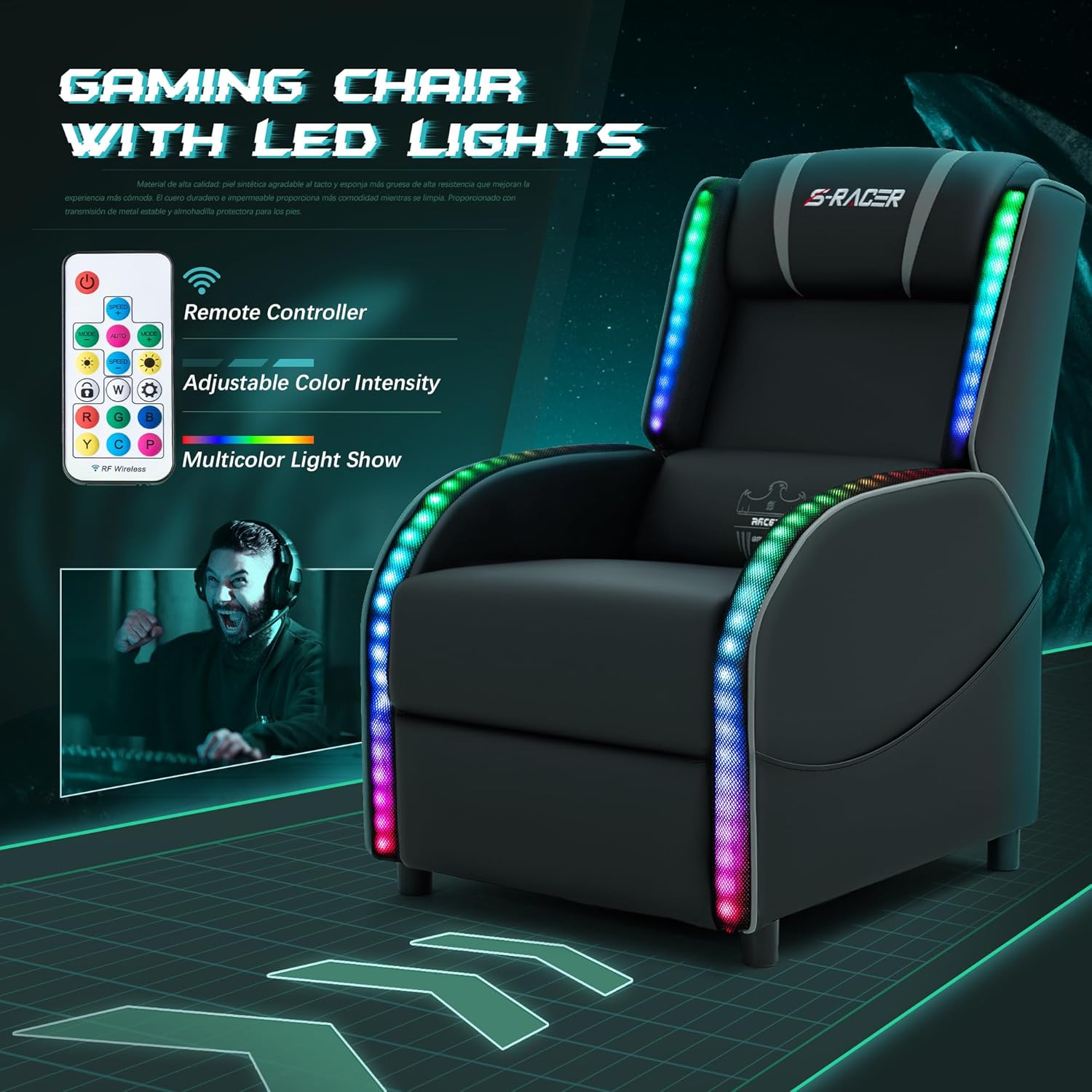 Homall Silla reclinable de masaje LED para juegos, estilo carreras, sofá reclinable de piel sintética, cómodo asiento ergonómico para cine en casa