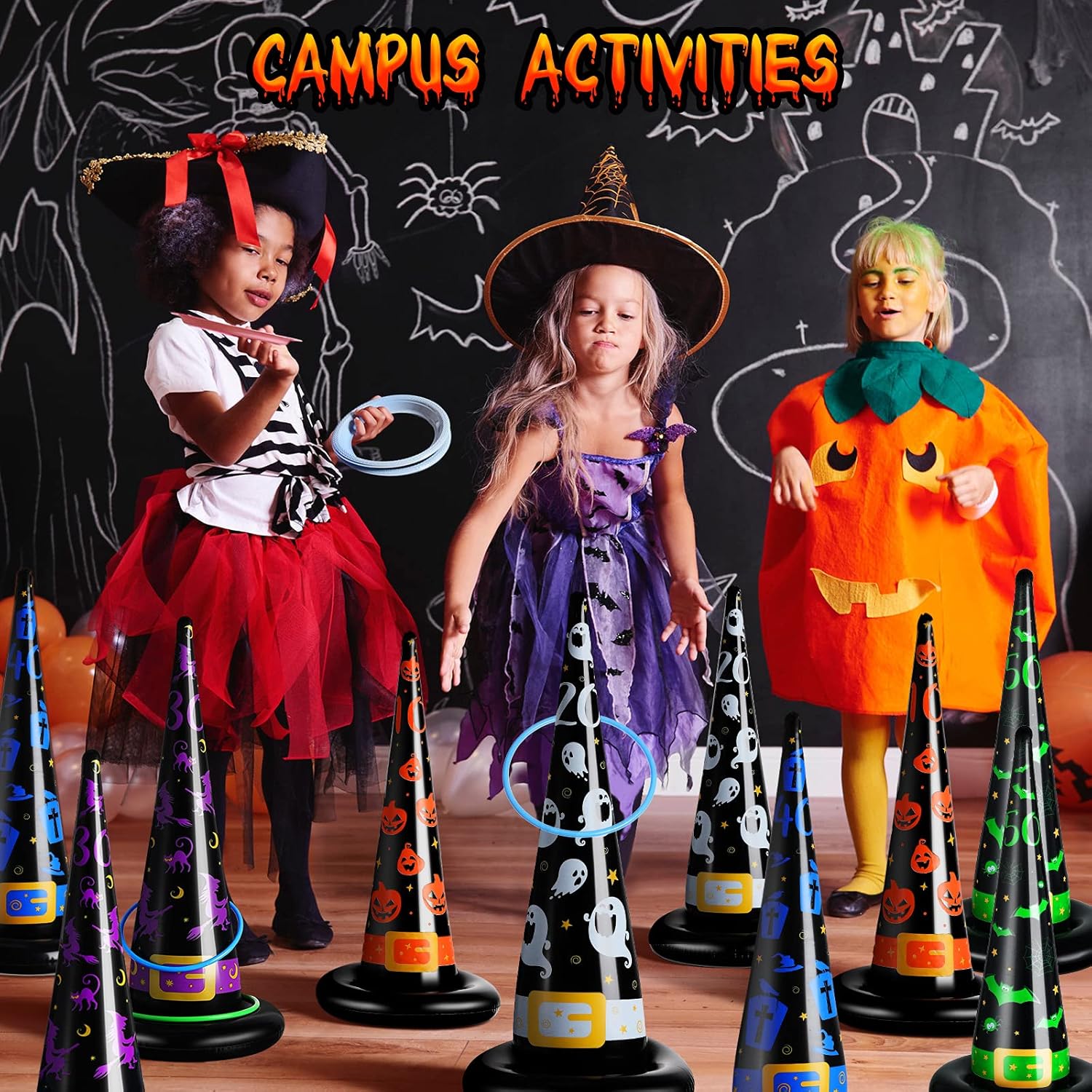 31 piezas de juegos de fiesta de Halloween, juego de lanzamiento de anillos de Halloween, sombrero de bruja inflable, incluye 10 sombreros de bruja