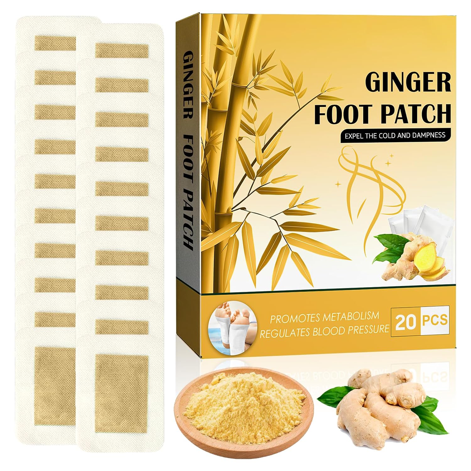 Parches para pies, 20 parches de jengibre para pies para un mejor sueño y alivio del estrés, parches de jengibre de limpieza profunda con polvo de